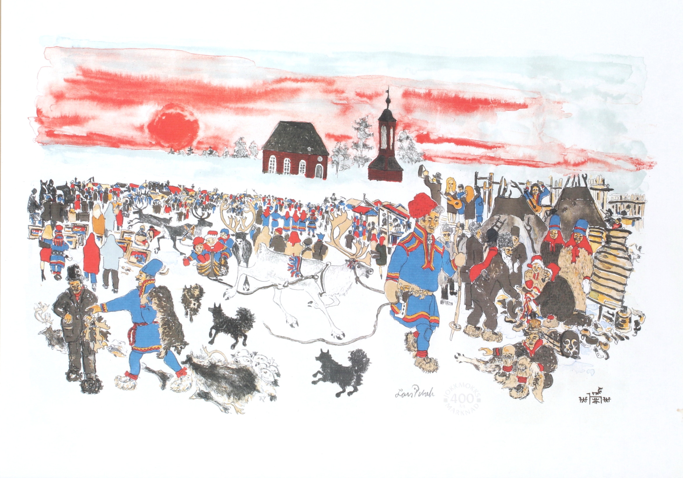 LARS PIRAK. "Jokkmokks marknad 400 år", tryck med stämpel samt signerad i blyerts.