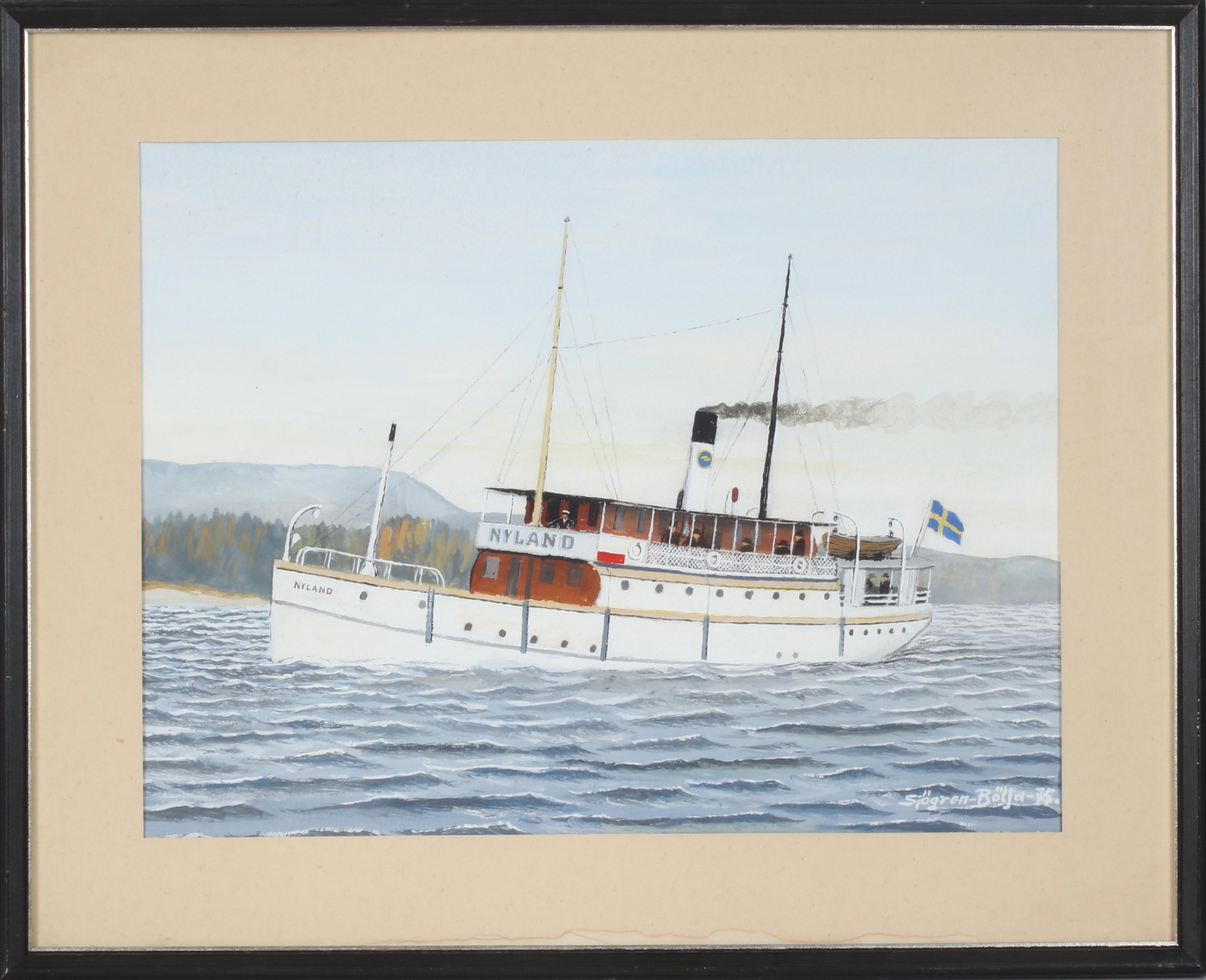 JOHAN SJÖGREN "BÖLJA". Passagerarbåten Nyland, gouache, signerad och daterad -75.