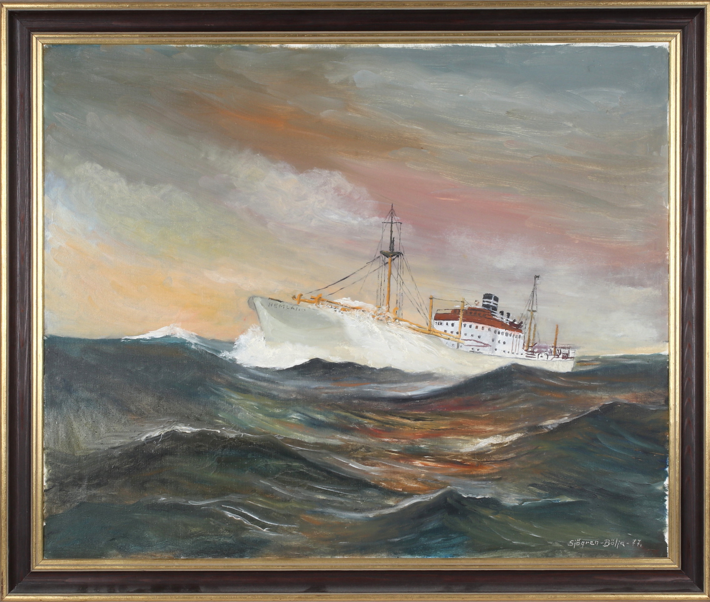 JOHAN SJÖGREN "BÖLJA". Lastfartyget M/S Hemland, olja på duk, signerad och daterad -77.