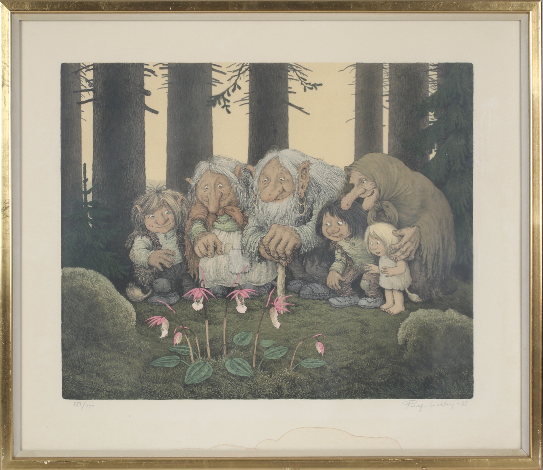 ROLF LIDBERG. Troll tittat på blommor, färglitografi, signerad och numrerad 359/400.
