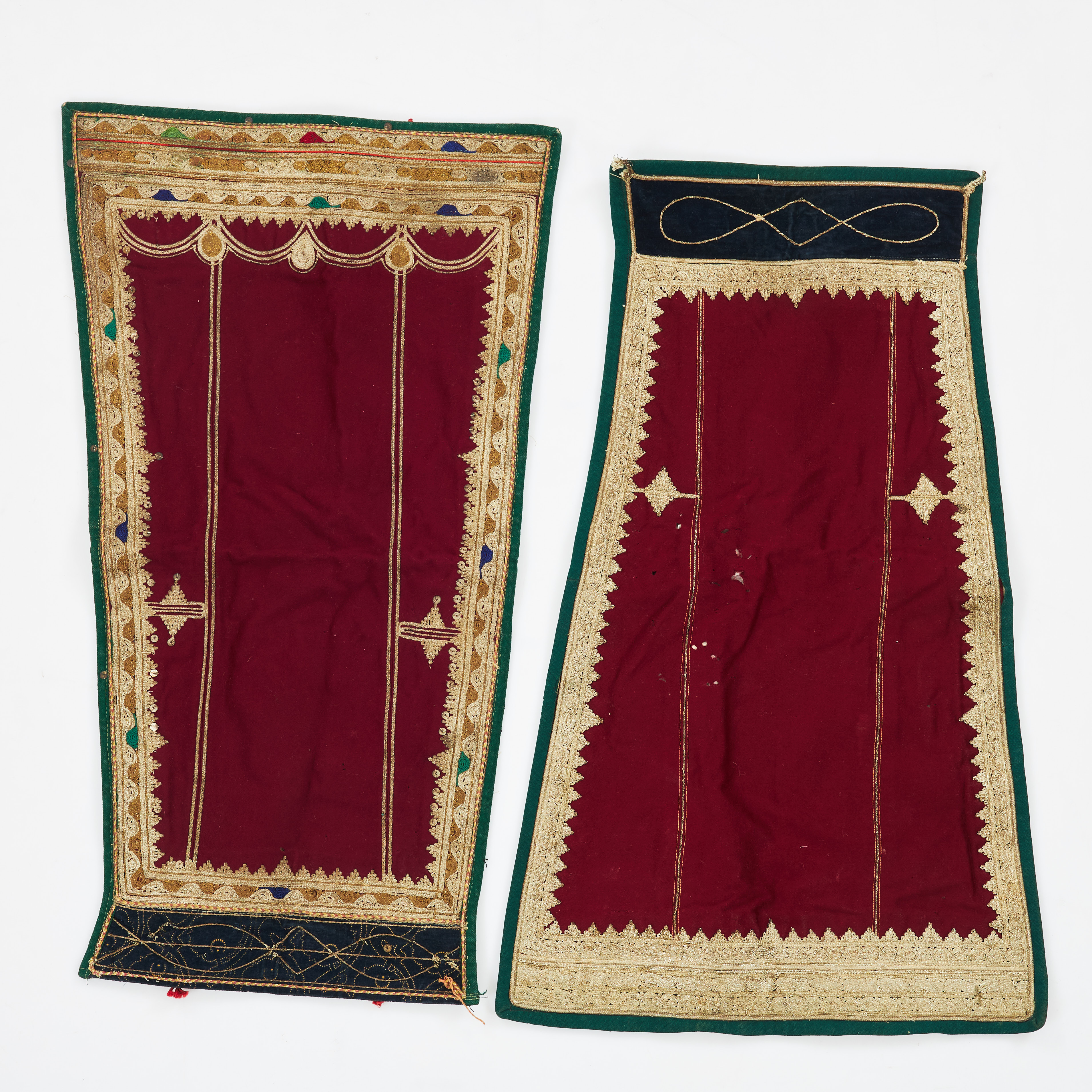 DELAR FRÅN FOLKDRÄKT, 2 st 1900-talets första hälft och från folkgruppen Karagouana i Thessalien i Grekland, broderat tyg med bl a metalltråd.