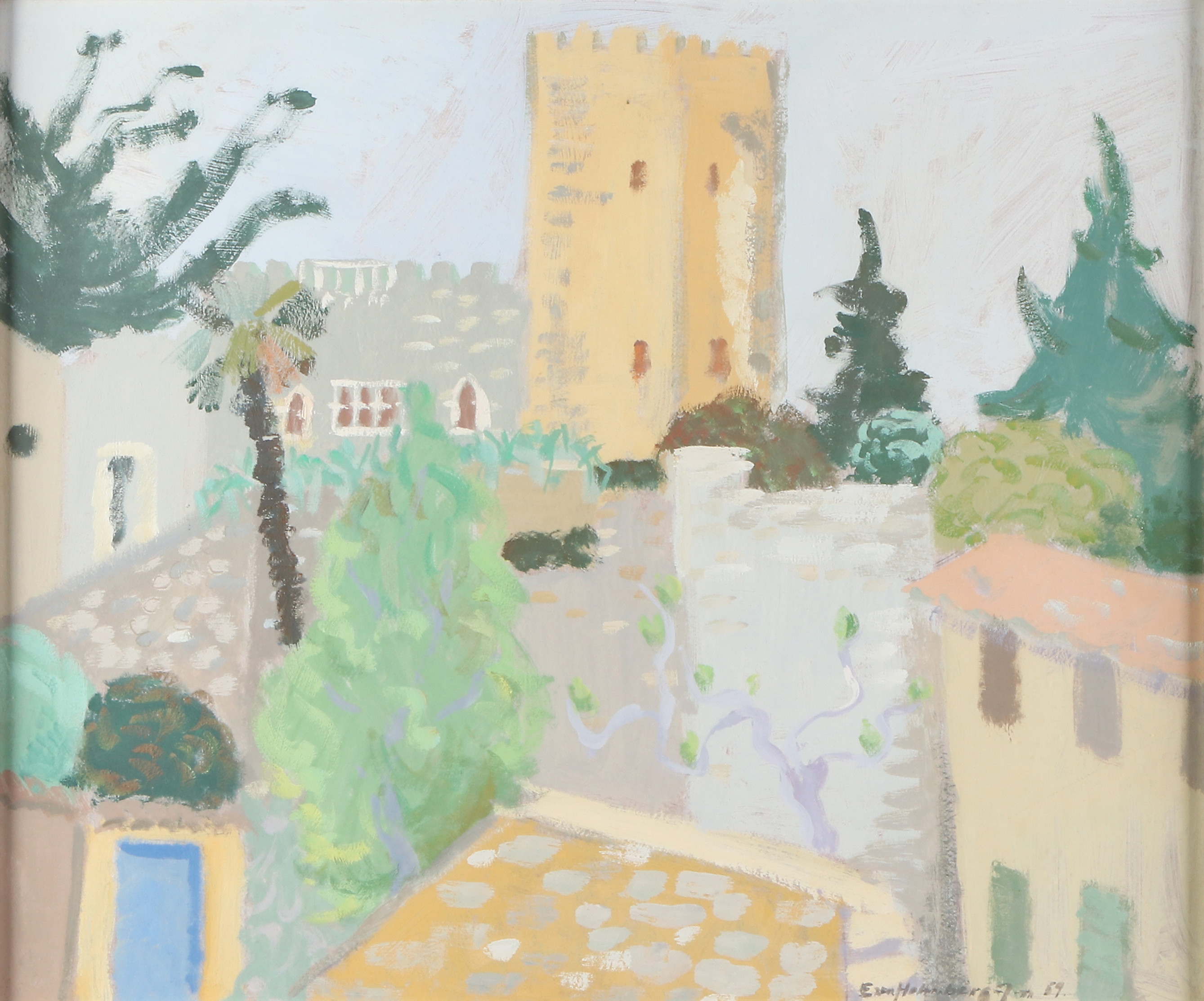 EVA HOLMBERG-JACOBSSON. Gouache. Stadsmotiv. Signerad och daterad 59.