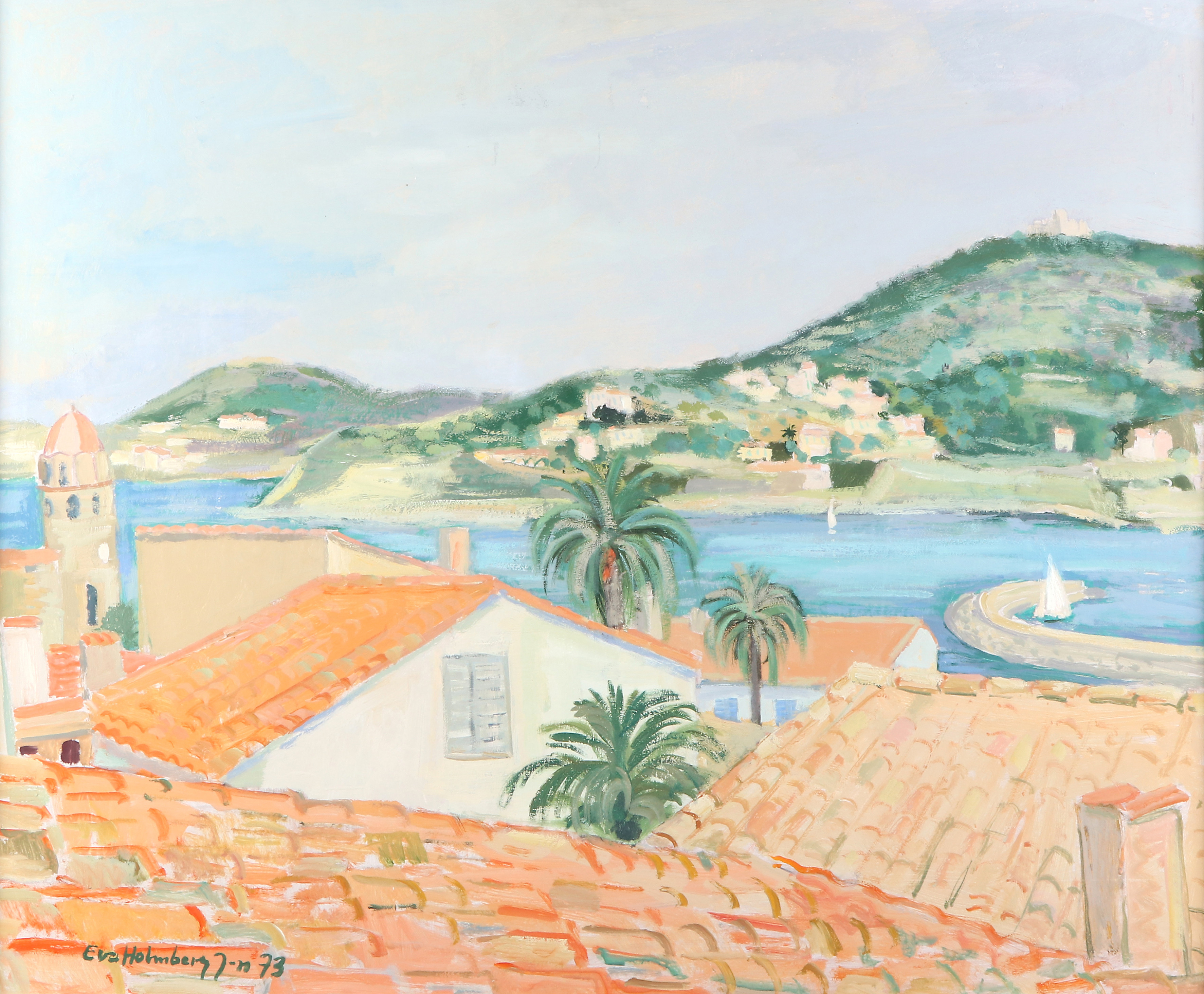 EVA HOLMBERG-JACOBSSON. Oljemålning på pannå. "Collioure". Signerad och daterad 73.