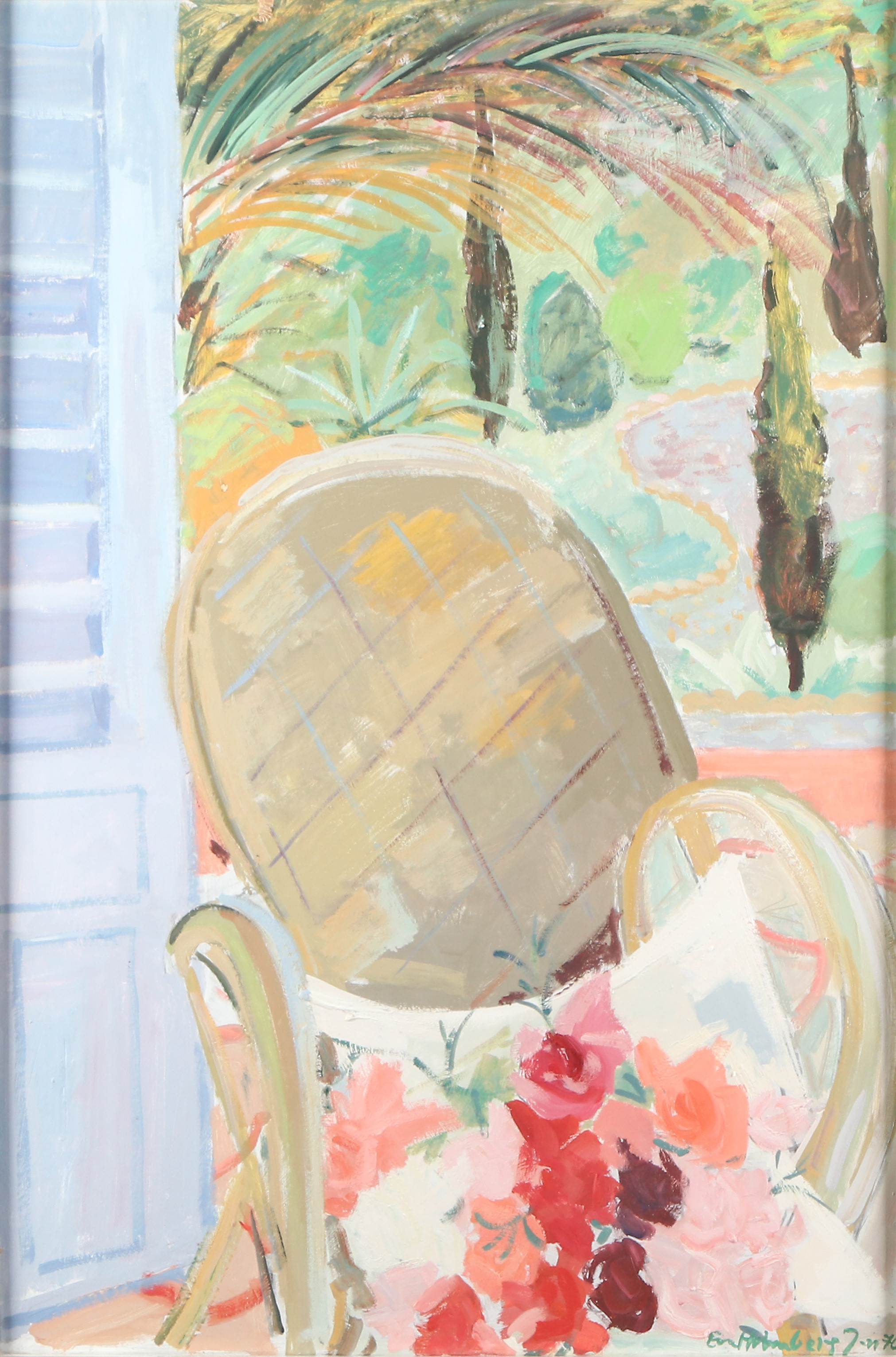 EVA HOLMBERG-JACOBSSON. Gouache. "För 5 francs nejlikor". Signerad och daterad 70.