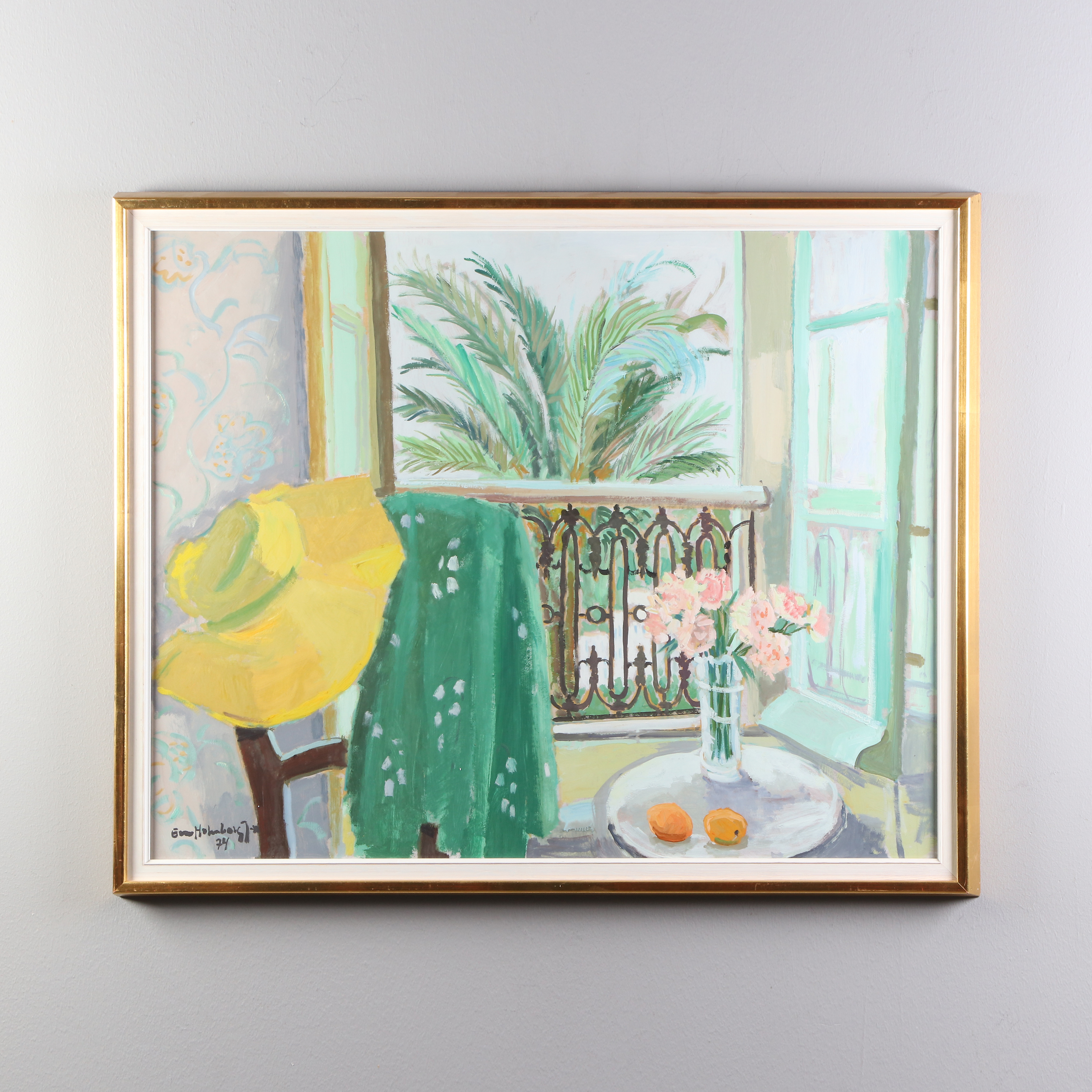 EVA HOLMBERG-JACOBSSON. Gouache. "Hotellrummet, Haut de Cagnes". Signerad och daterad 74.