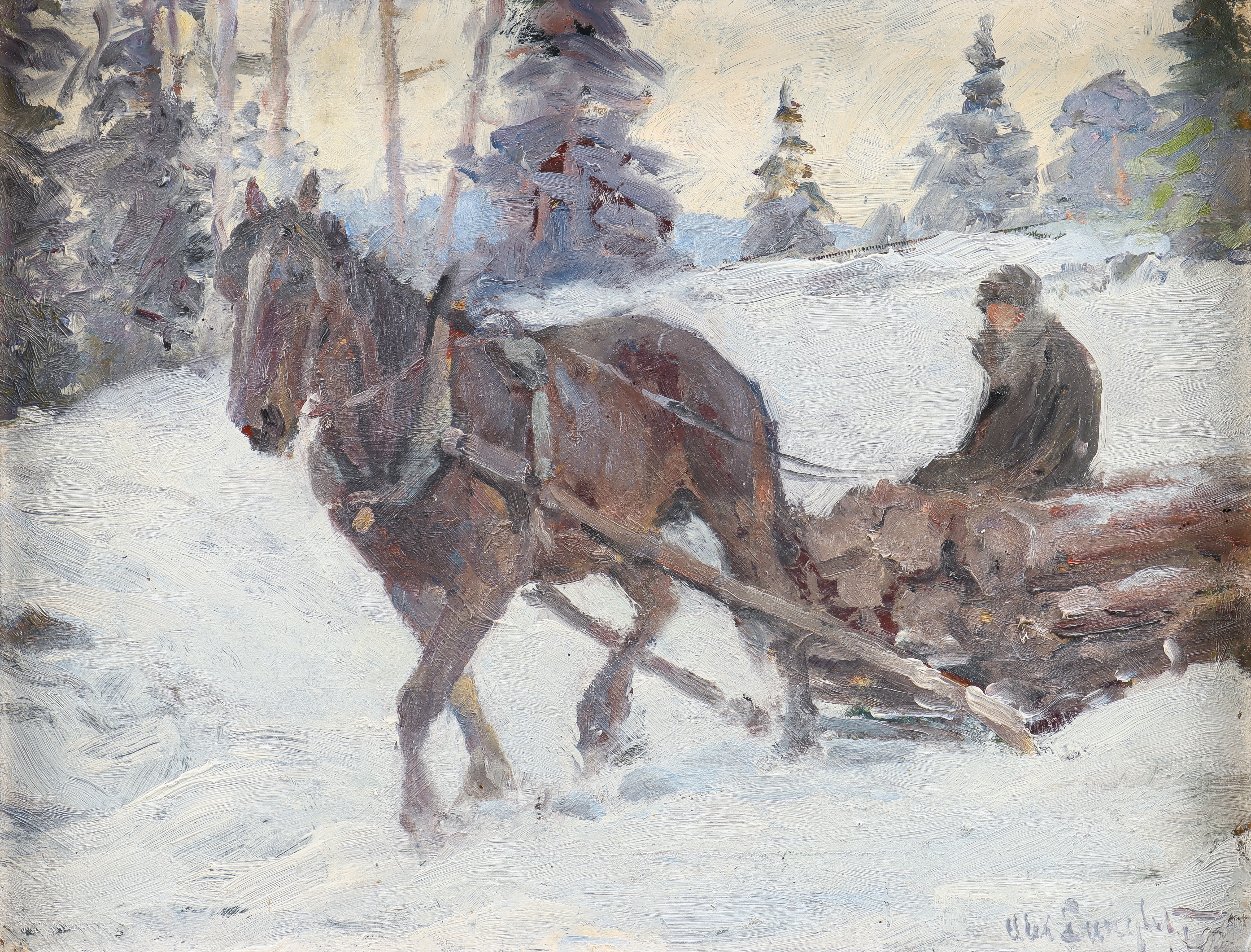 ALEXANDER LANGLET. Häst med timmersläde.