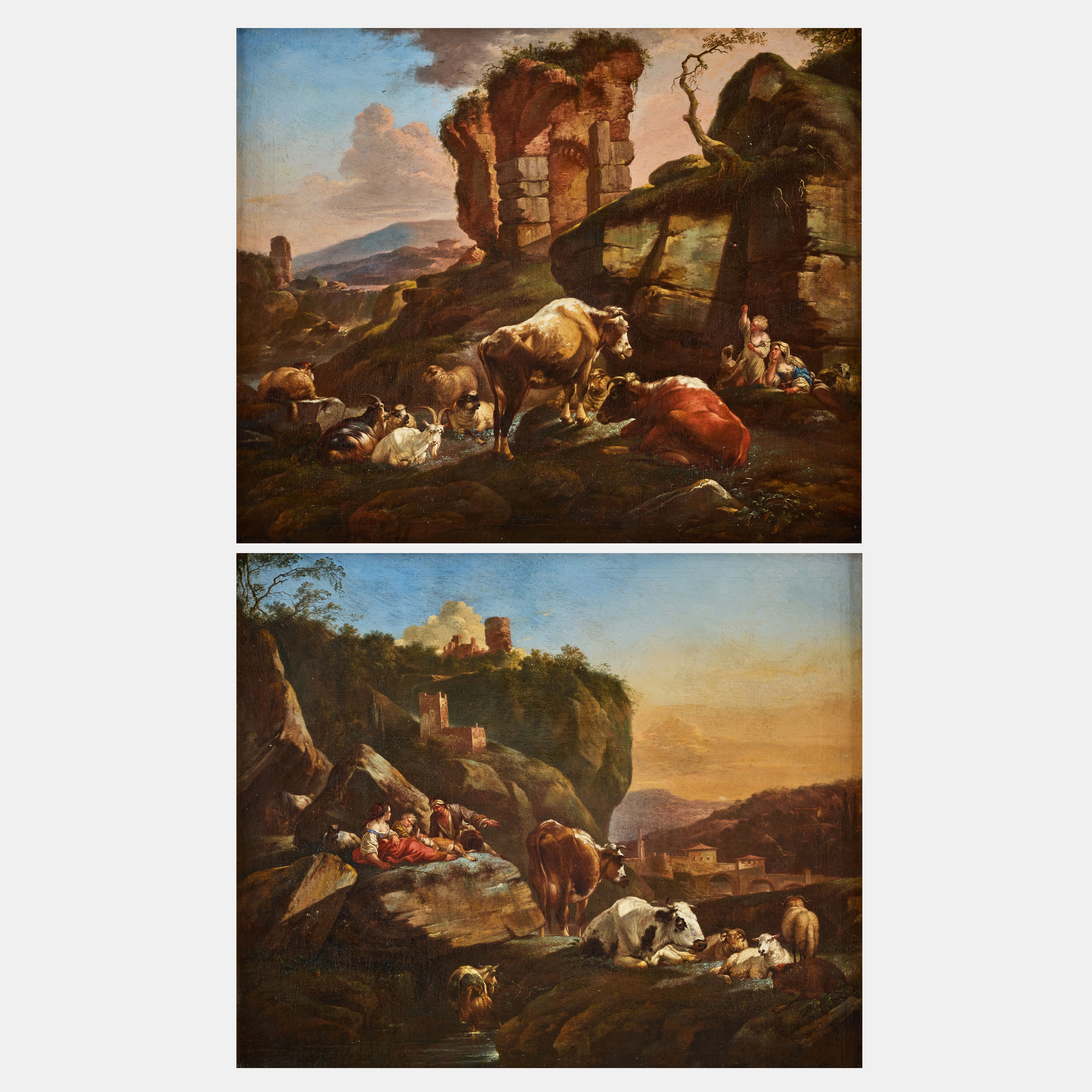 JOHANN HEINRICH ROOS (OTTERBERG 1631-1685 FRANKFURT AM MAIN). Ruin landscape with figures resting by a cattle and Rocky landscape with figures and a cattle with a bridge beyond - a pair.