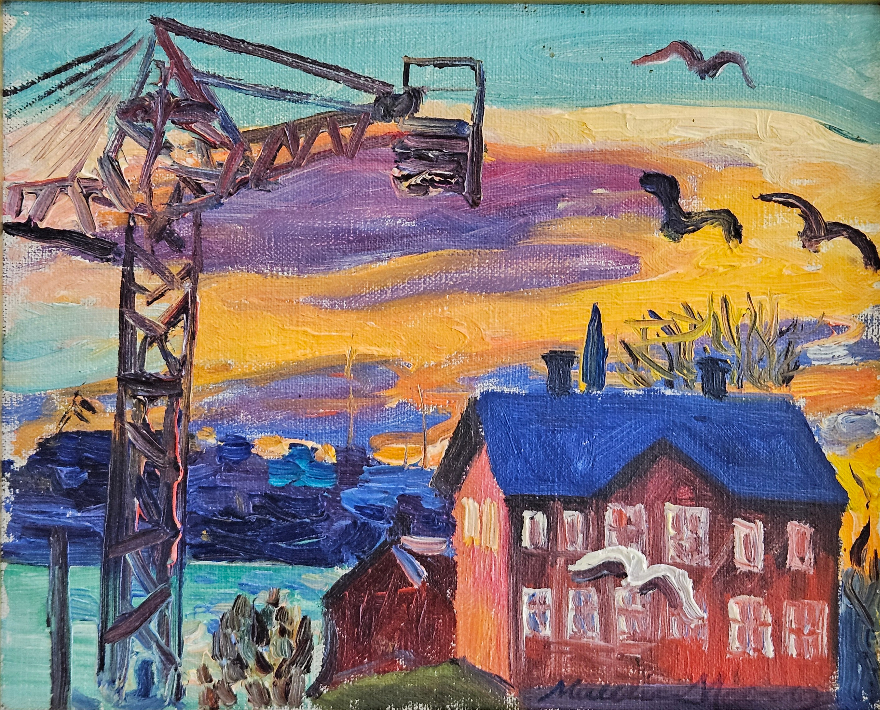 MAURICE MOBERG. Röda villan, Beckholmen. Olja på duk, signerad Maurice Moberg.