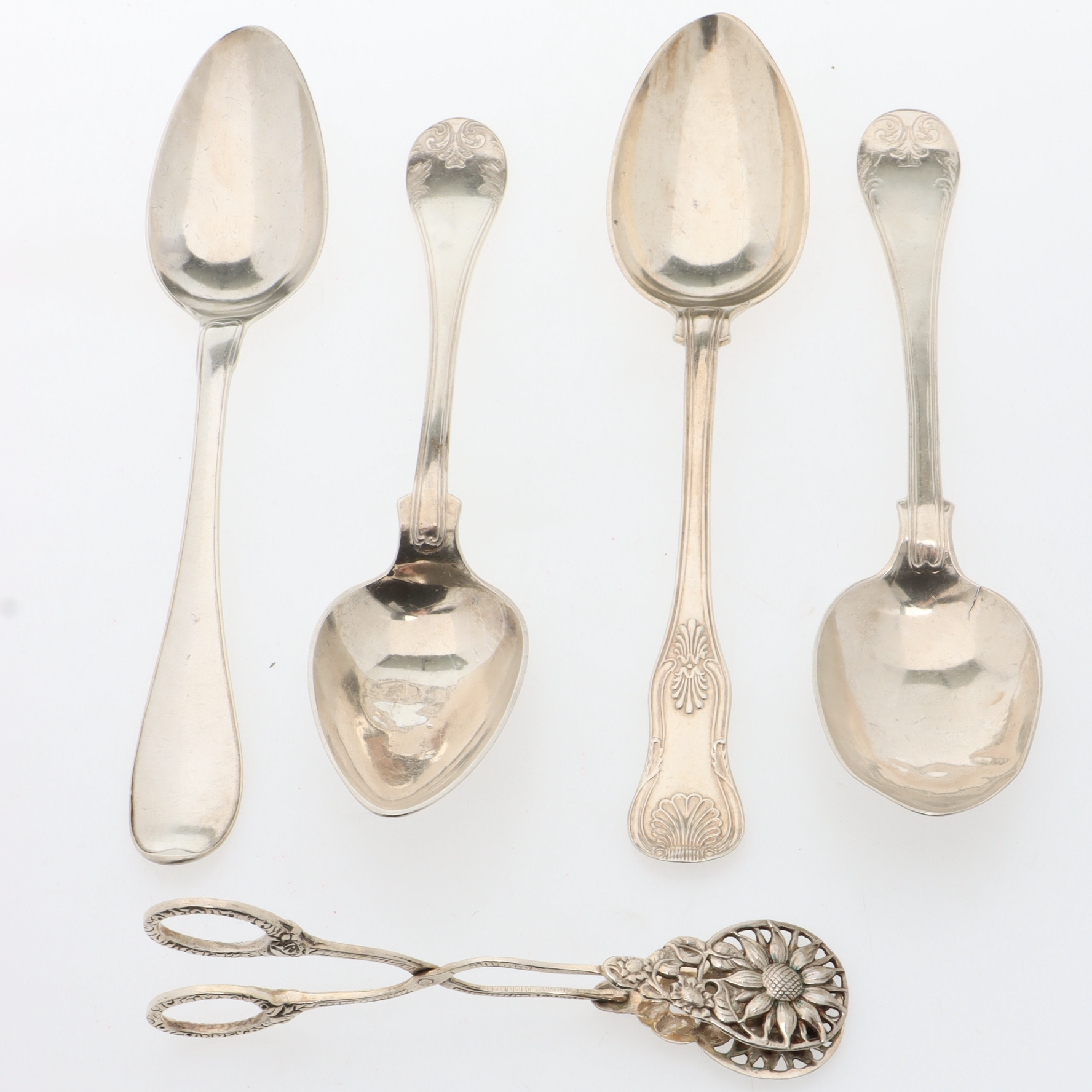 MATSKEDAR & KAKTÅNG, 5 delar, silver, 1800/1900-tal.