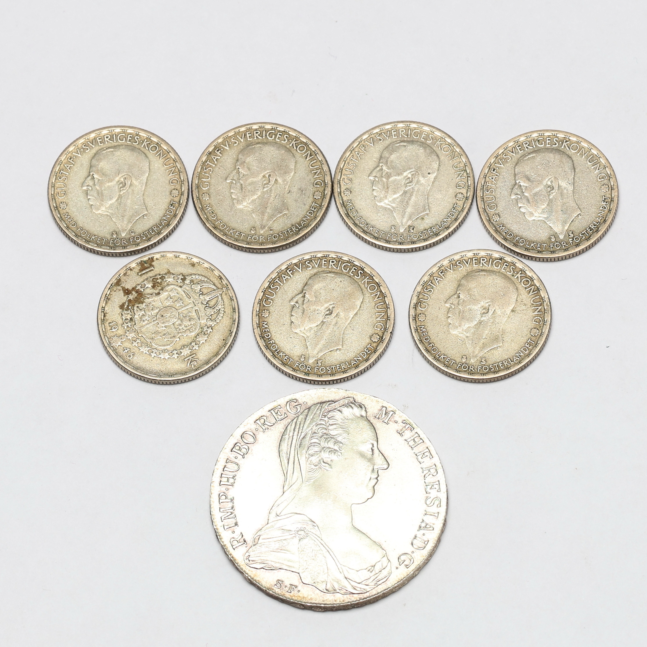 MYNT, 1 Thaler, silver, Maria Therese, Österrike, och 1kr Sverige 1940-tal.