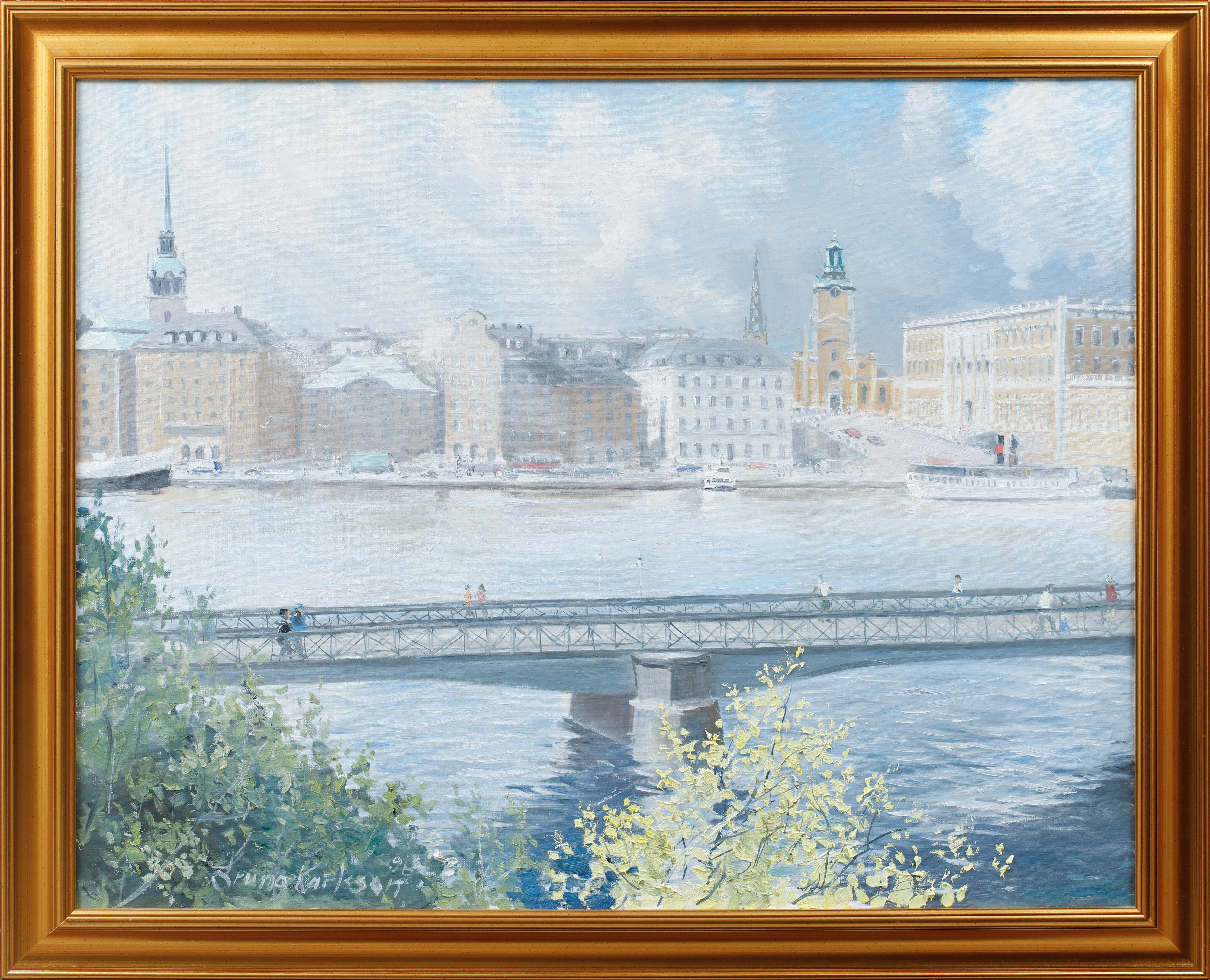 BRUNO KARLSSON. "Stämnings ljus över Stockholm", olja på duk, signerad och datetad 96.