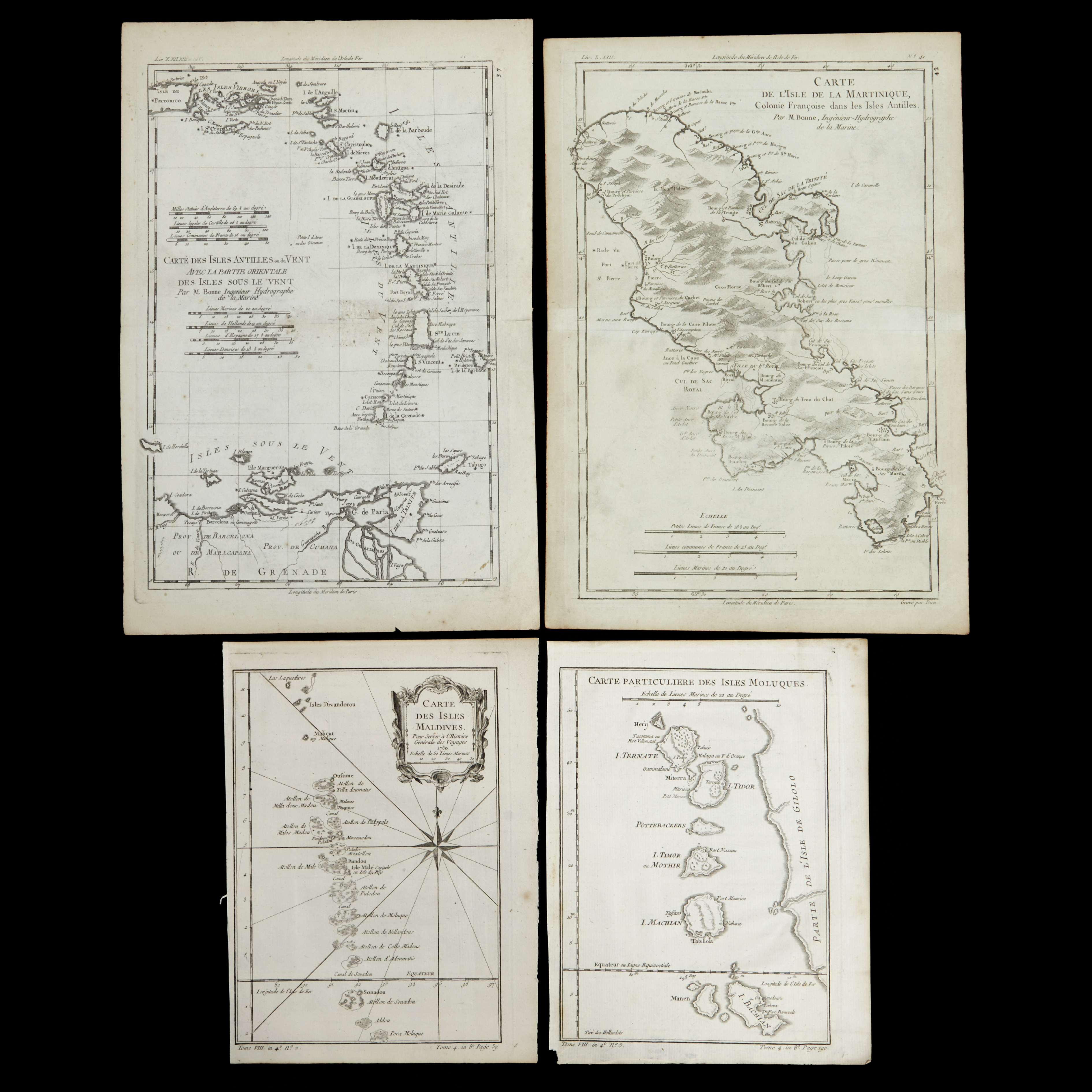 BELLIN/PRÉVOST (2), Carte des Isles Maldives; Carte particuliere des Isles Moluques, ca 1750-60. BONNET/RAYNAL (2), Carte des Isles Antilles; Carte de L'Isles de la Martinique, ca 1780.