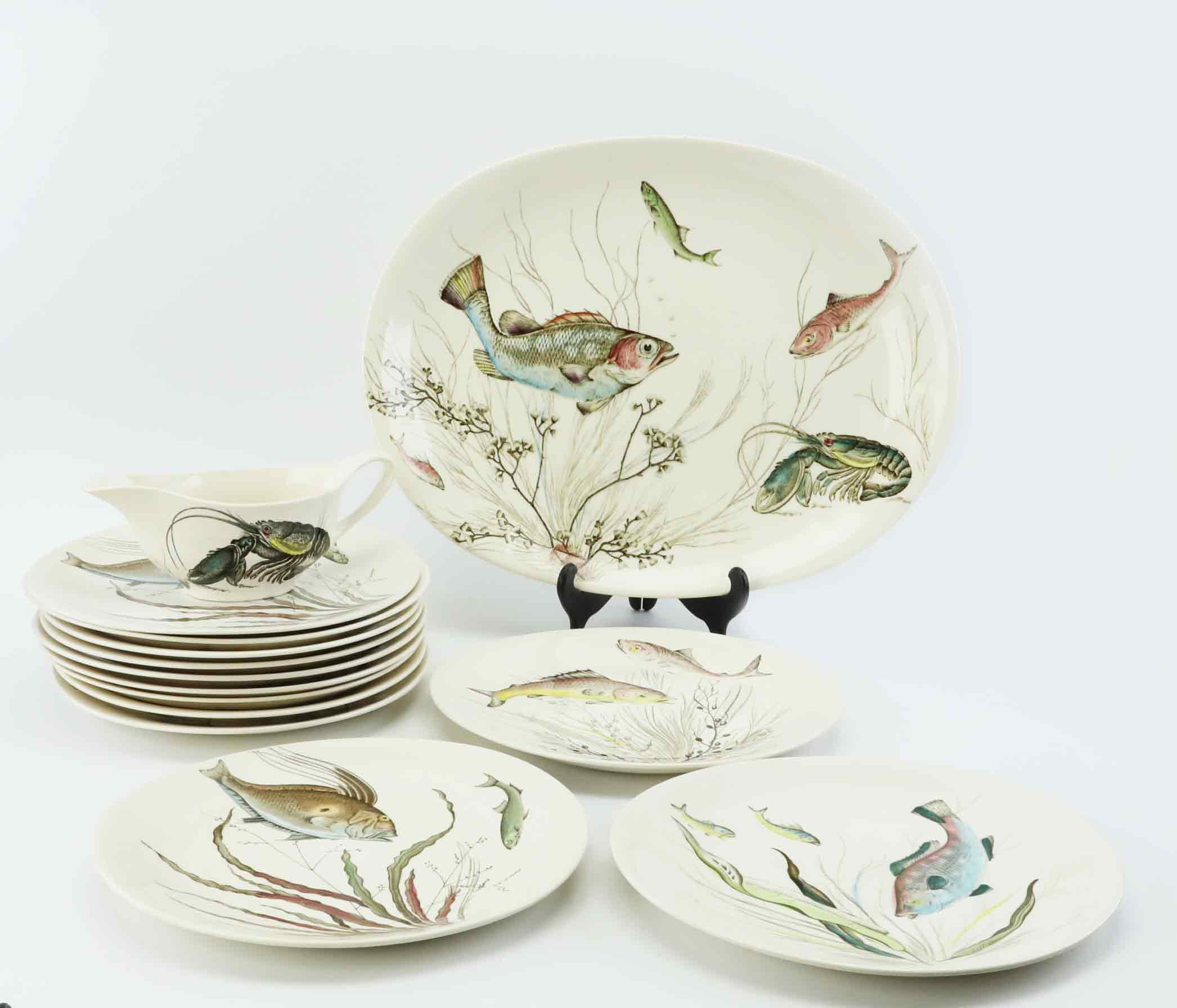 FISKSERVISDELAR, 14 st, "Fish", Johnson Bros, England, flintgods, 1900-talets andra hälft.