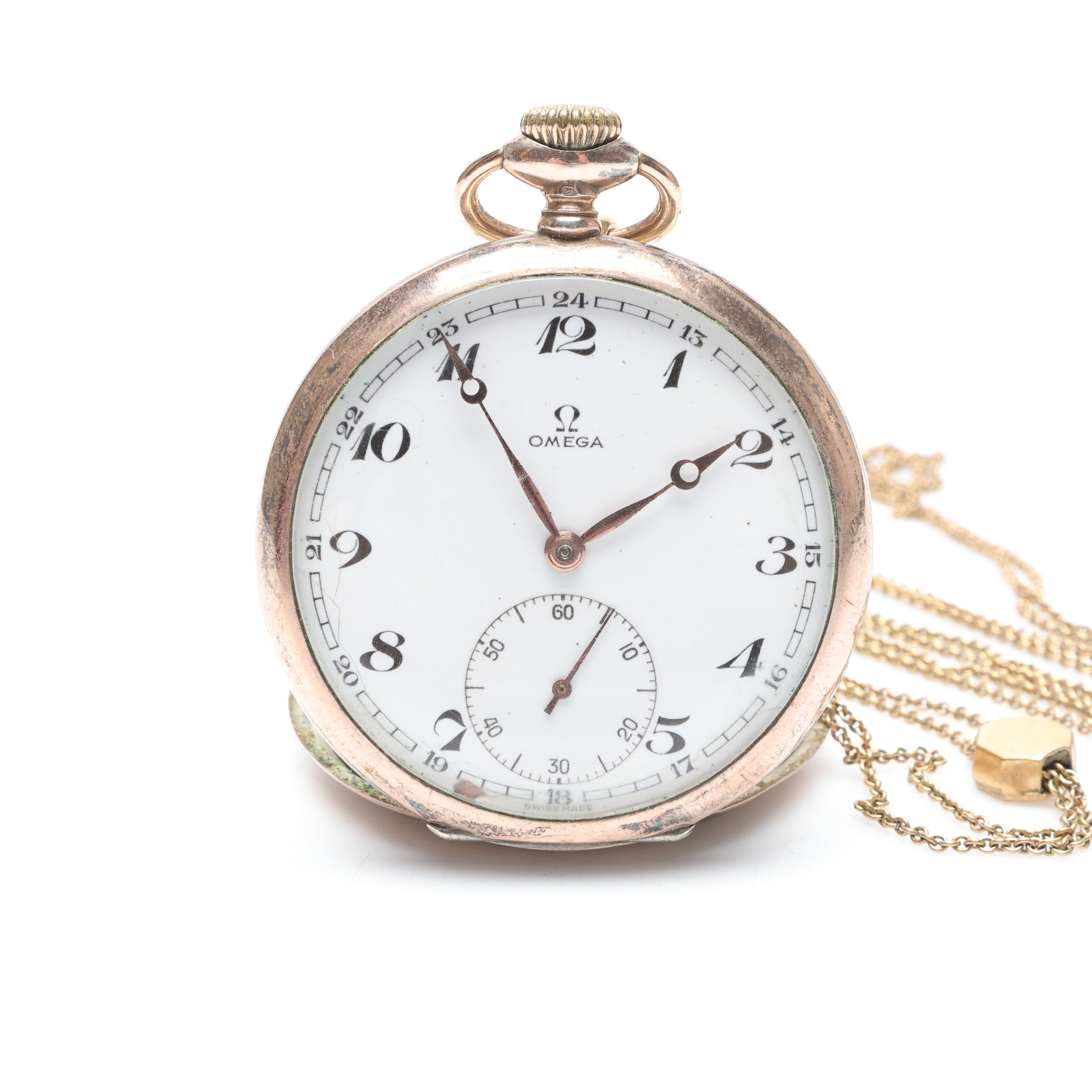 FICKUR, silver, Omega, med fickurskedja i doublé, 1900-talets första hälft.