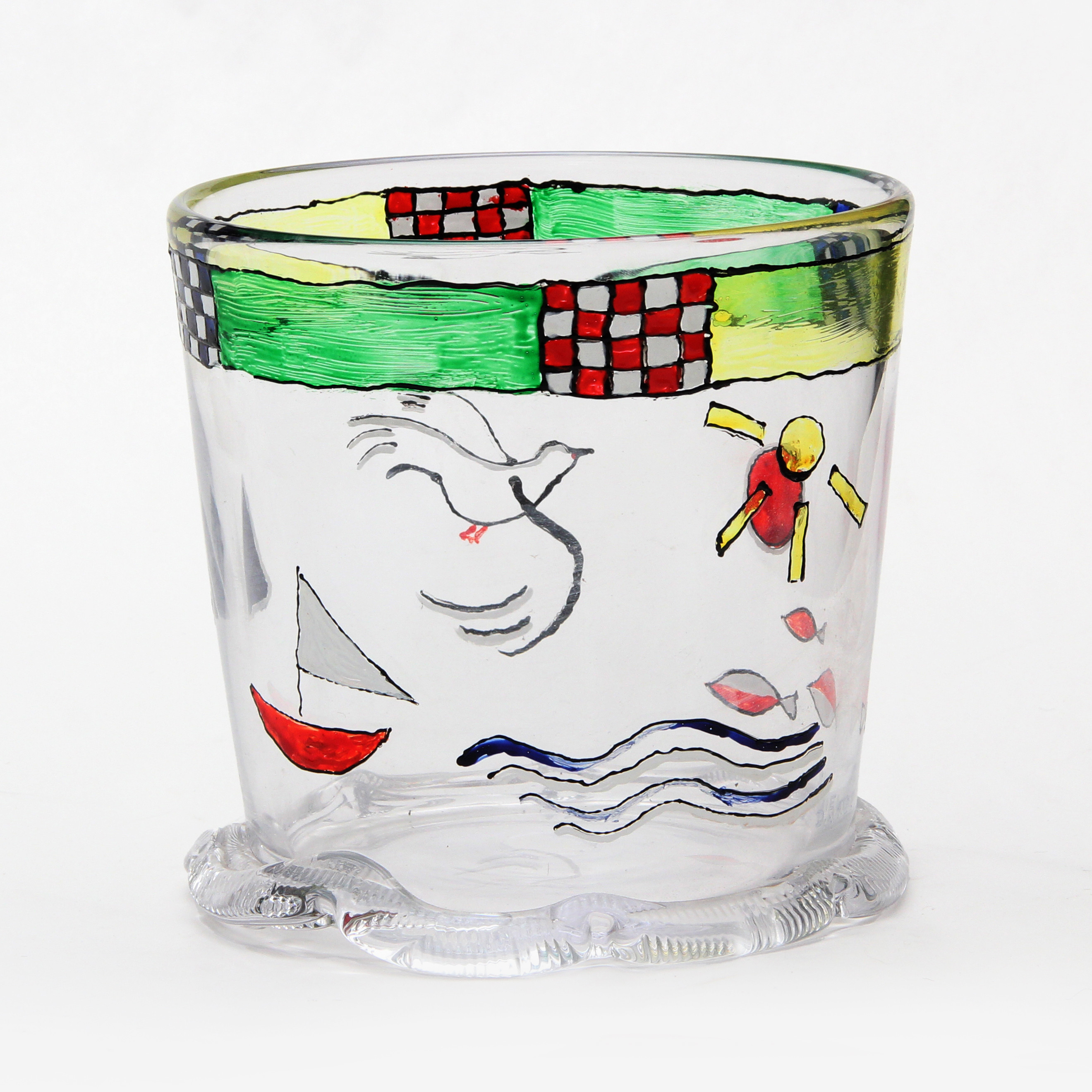 DANIEL JOHANSSON. VAS, Bland det allra första som konstnären formgav i glas, egenhändigt handmålad och signerad även på sidan. signerad Design Daniel J-son/ GB (GlasBlower) Micke Johansson, Örsjö, tillverkad 2015.