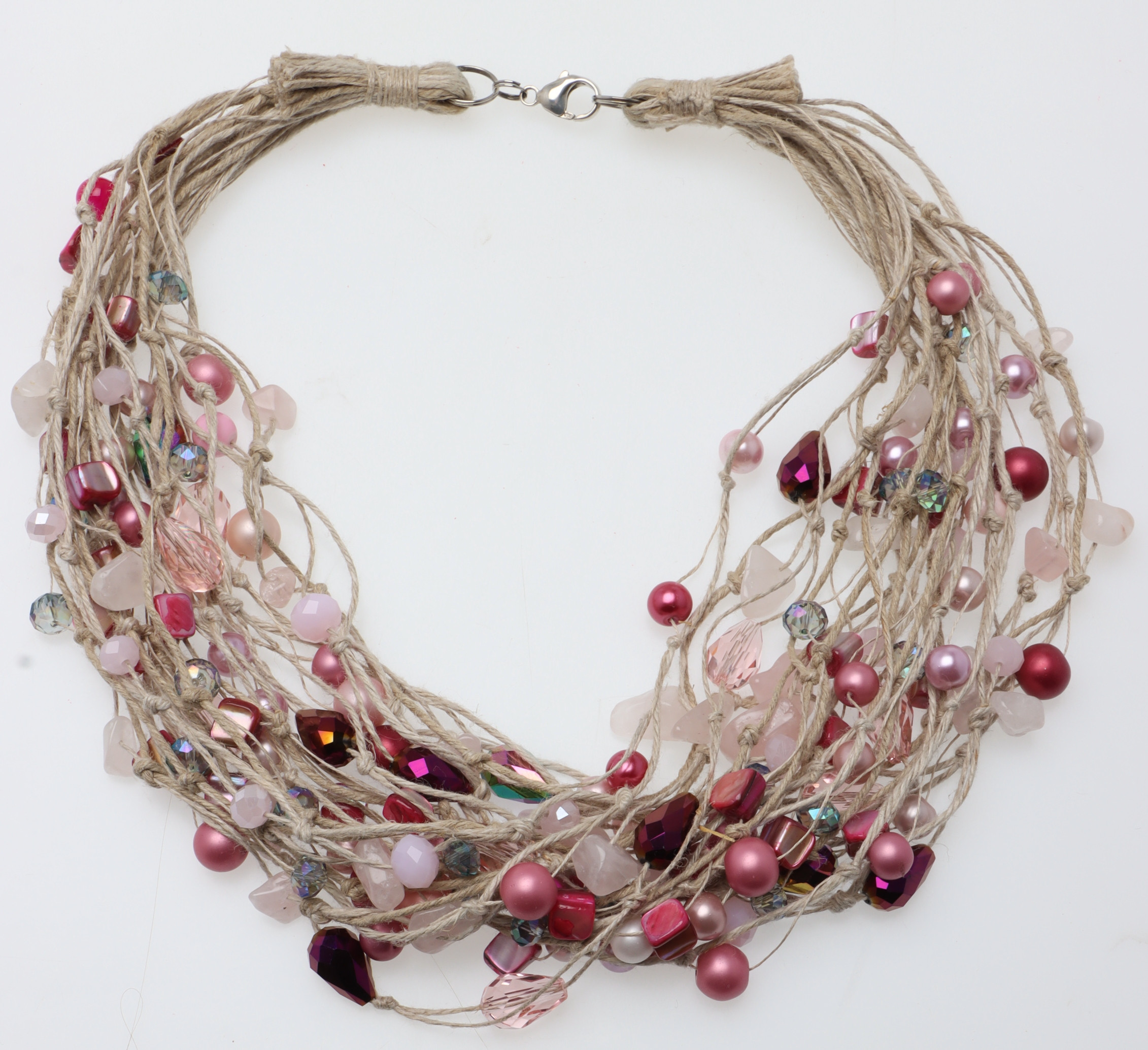 COLLIER, bl.a. pärlemor, muranopärlor, bergkristall, handknutet lin, Tyskland.
