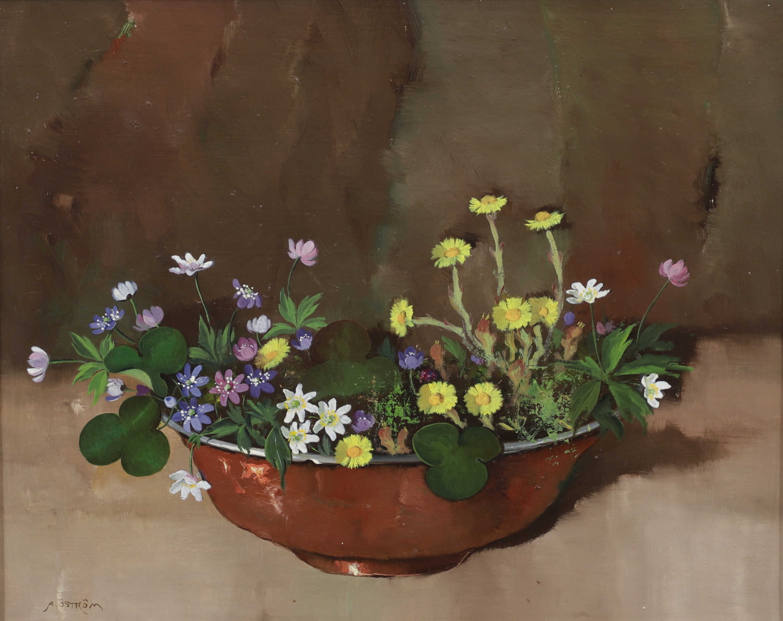 ARVID ÖSTRÖM. Blomsterstilleben, olja på pannå, signerad.