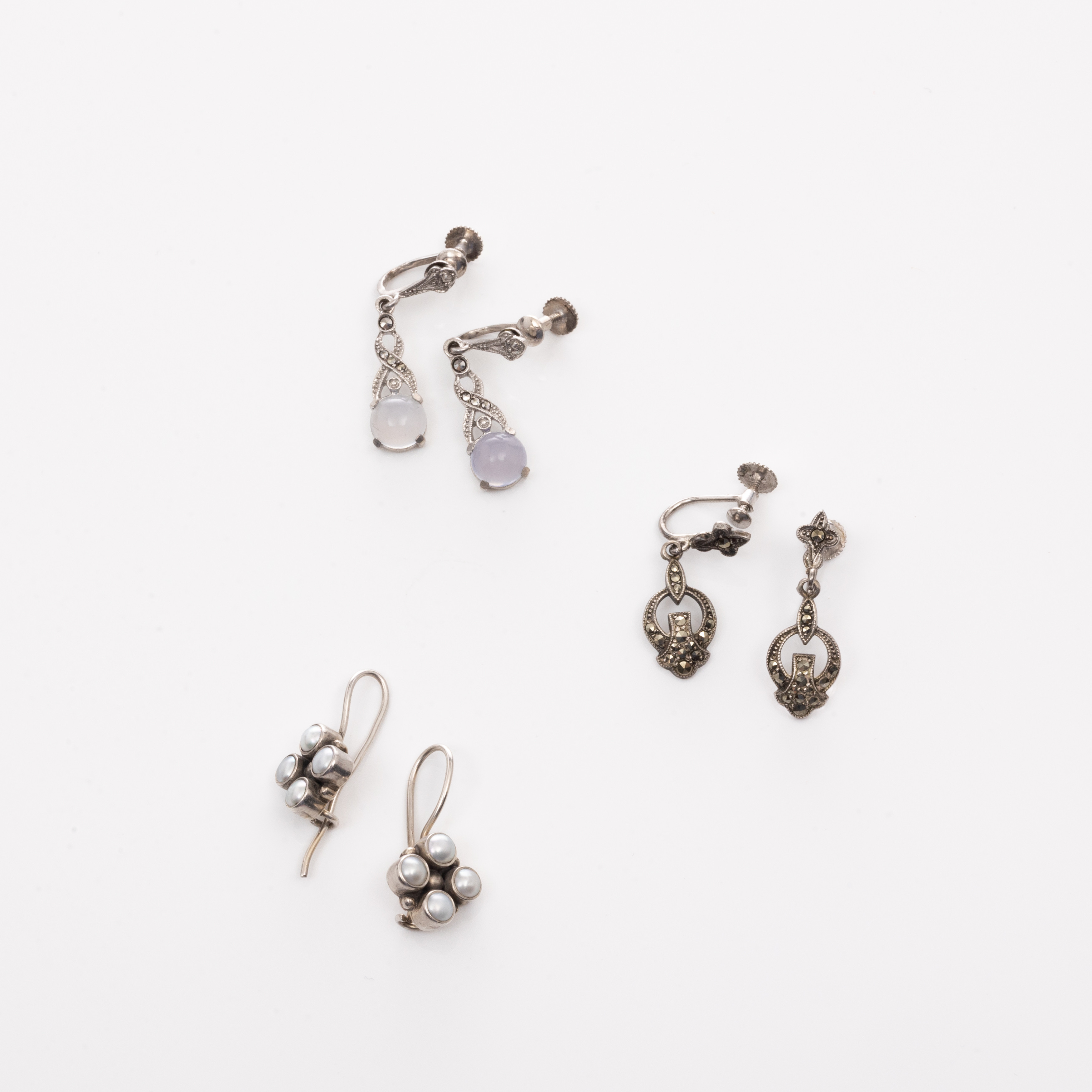 ÖRHÄNGEN, 3 par, Silver, Markasiter, Pärlor, Månstenar.