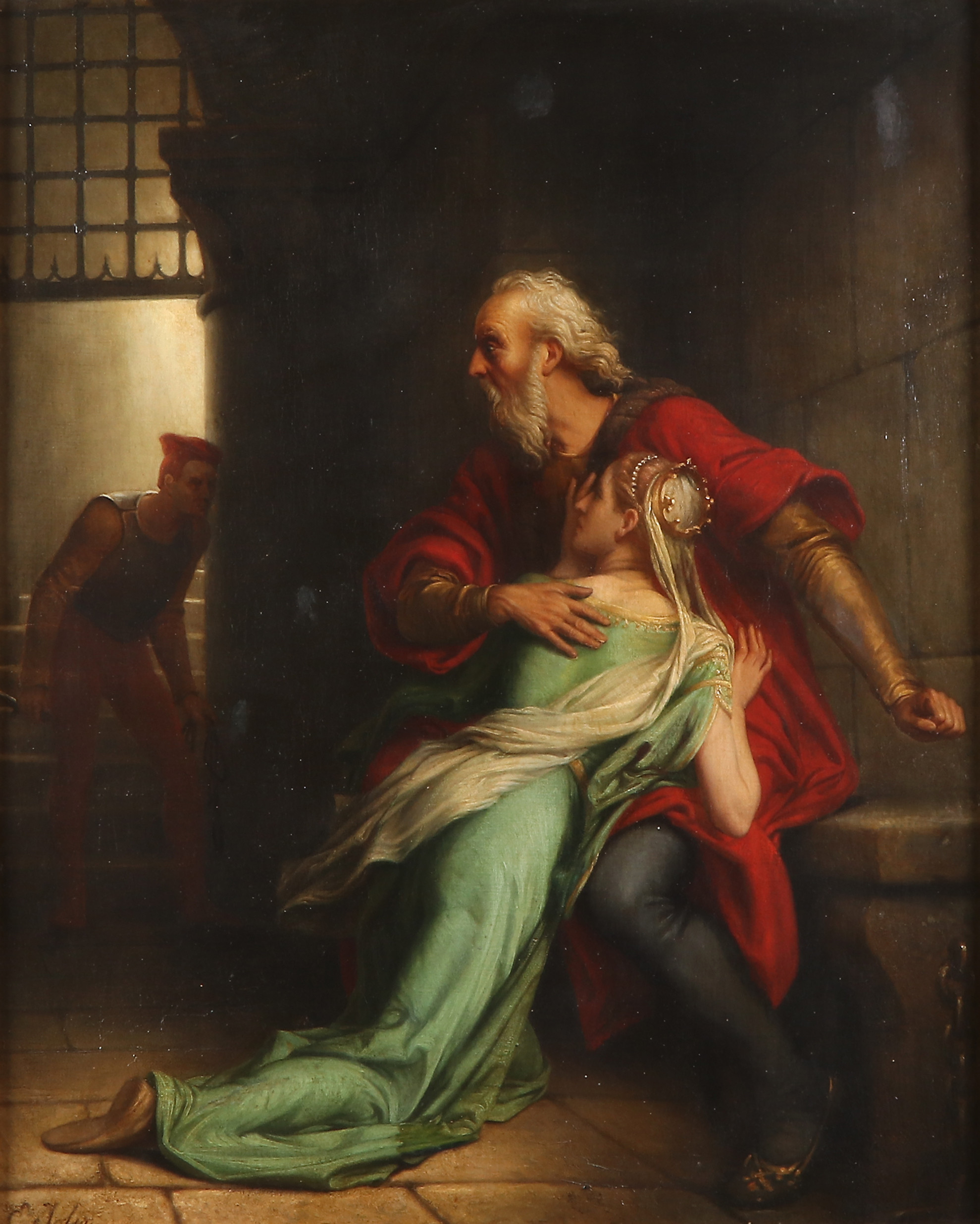 ÉDOUARD JOLIN. Oljemålning på duk. "Le Roi Lear et Cordelie" ("Kung lear och Cordelia"). Signerad.