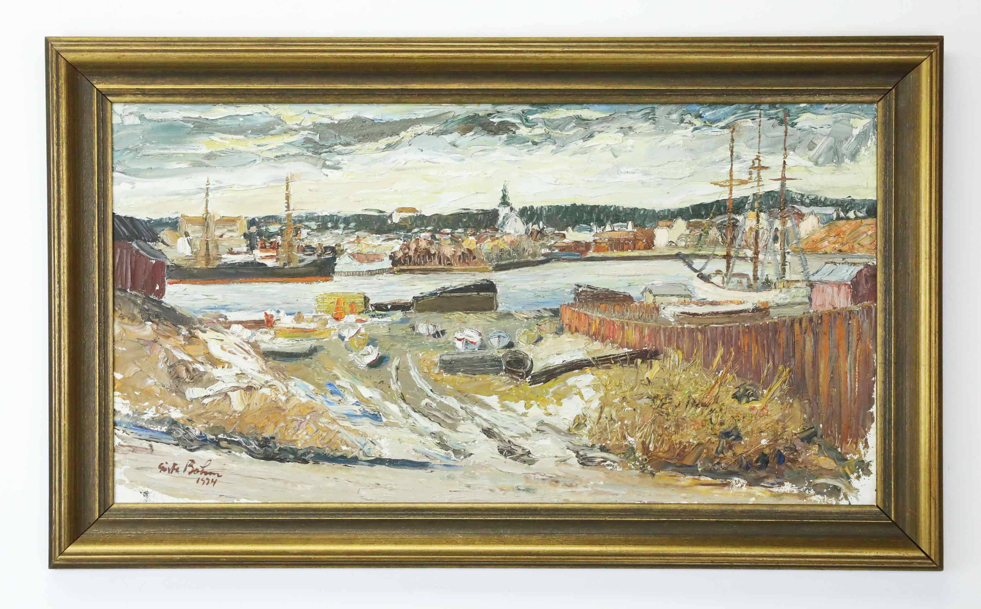GÖSTA BOHM. Olja på pannå, Hudiksvall, signerad och daterad 1934.