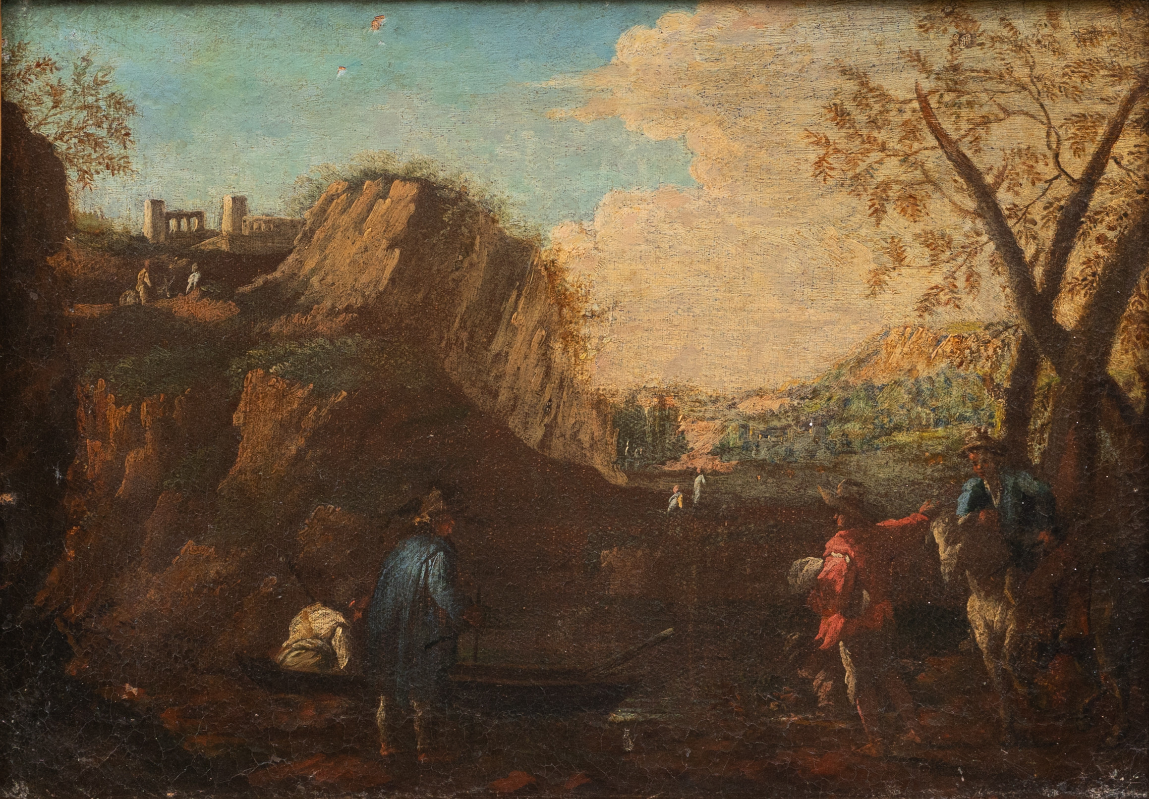 OKÄND KONSTNÄR (ITALIEN). Insjölandskap med människor, olja på duk, 1700-tal, osignerad.