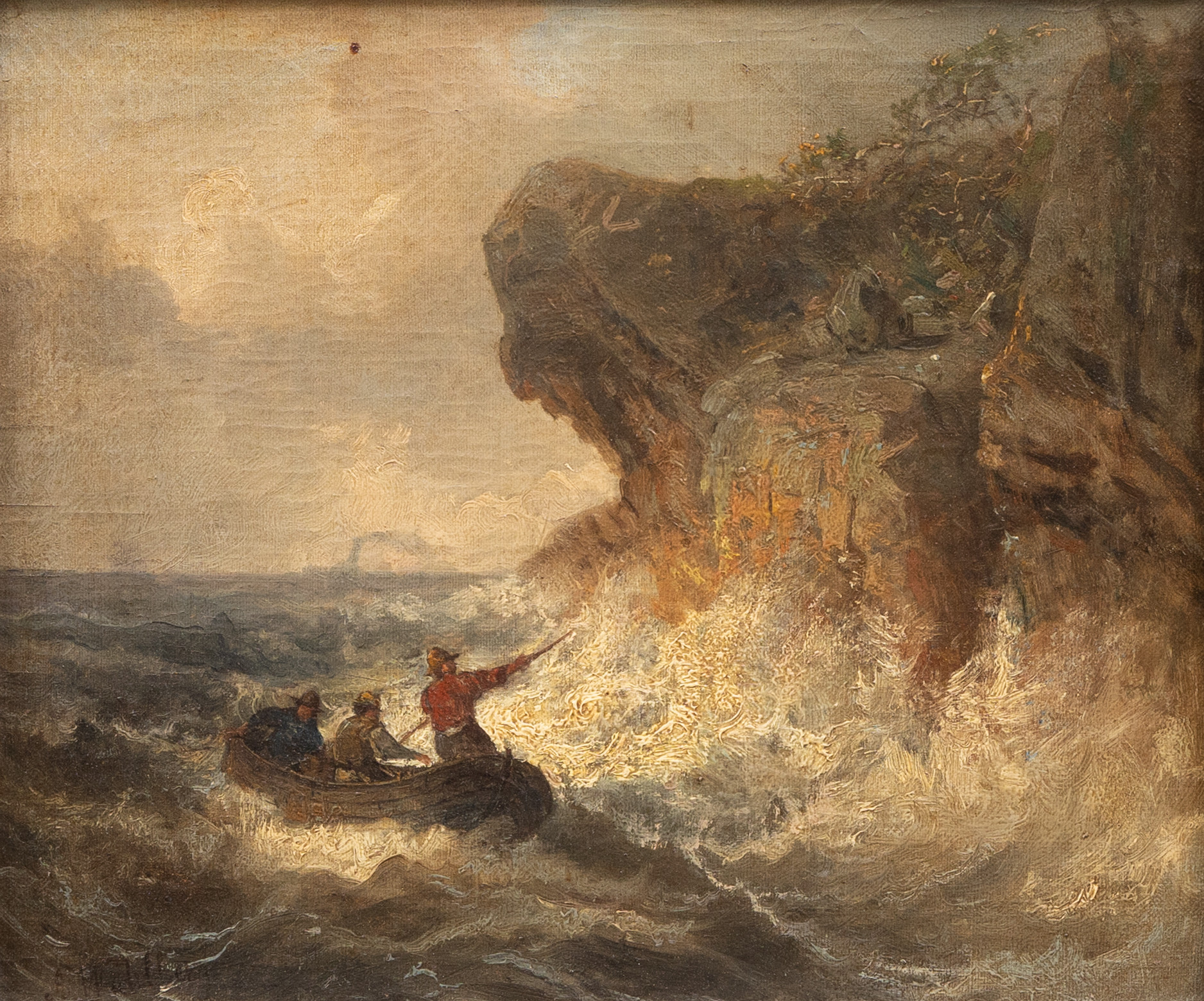 Fiskare vid klippkust, olja på duk, 1800-tal, otydligt signerad.