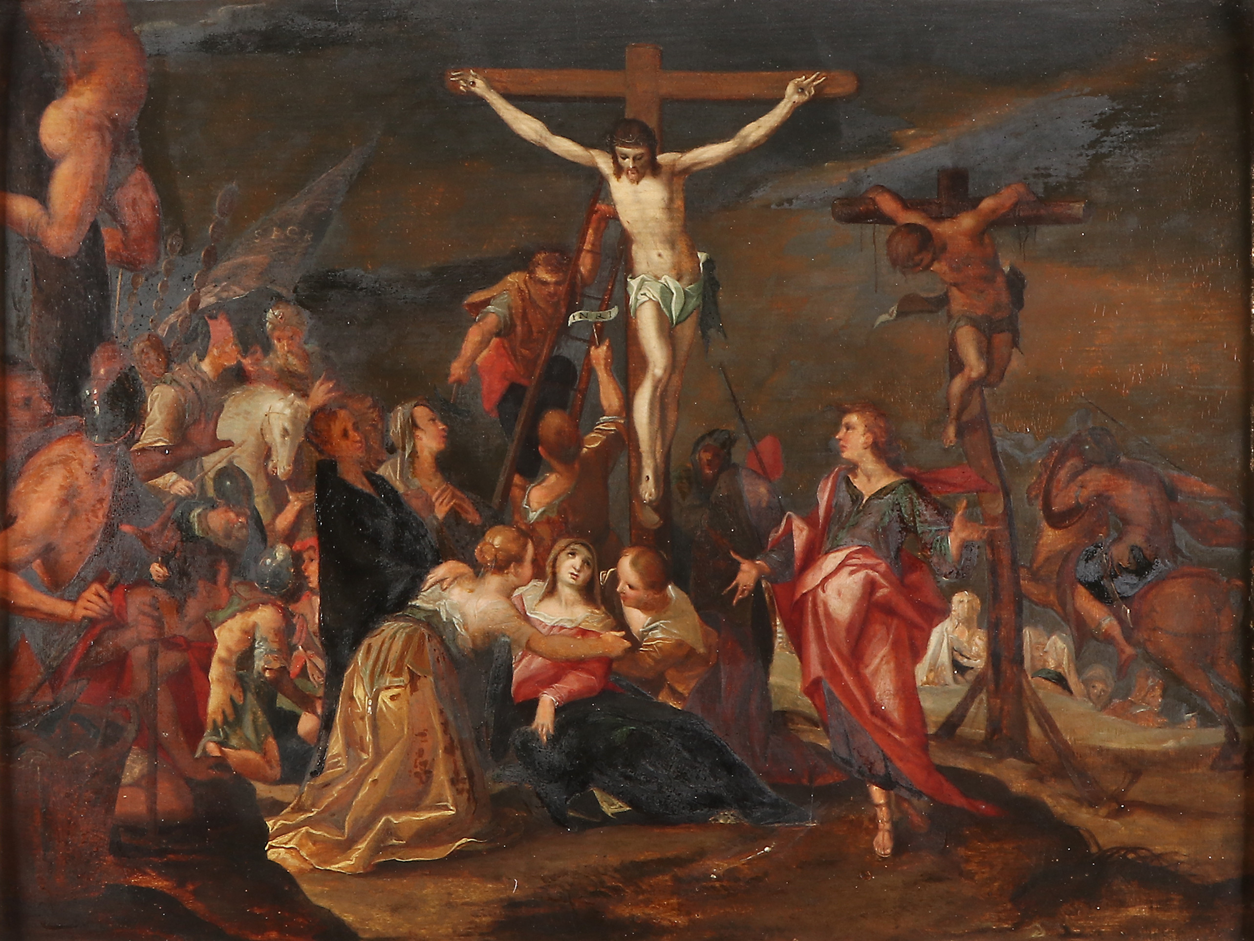 HANS VON AACHEN (1552-1615). EFTER. Oljemålning på pannå. 17/1800-tal. Kristus korsfäst mellan de två tjuvarna.