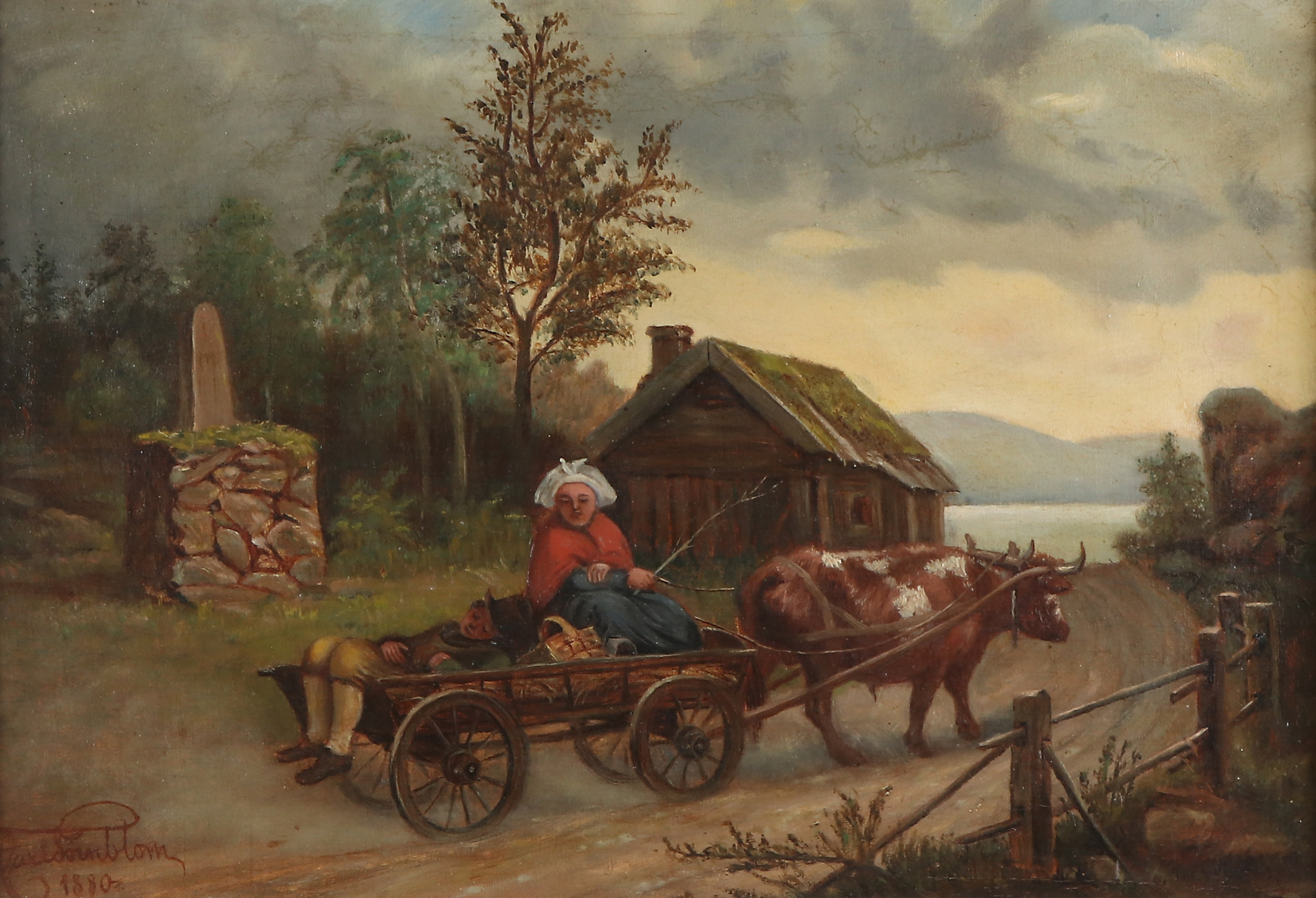 CARL TÖRNBLOM. Oljemålning på duk. Oxdragen kärra i landskap. Signerad och daterad 1880.