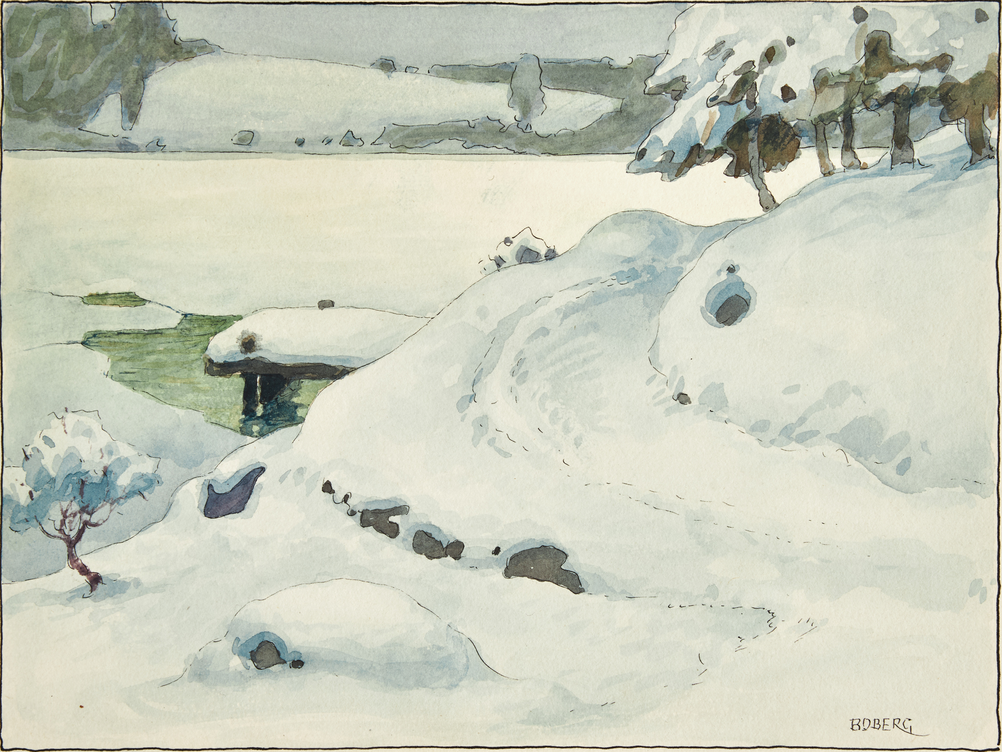 FERDINAND BOBERG (Falun 1860-1946 Stockholm): Vinterlandskap med brygga intill ett fruset vattendrag, signerad ”Boberg”, Tusch och akvarell, svarta ramlinjer, lagd på kartong.