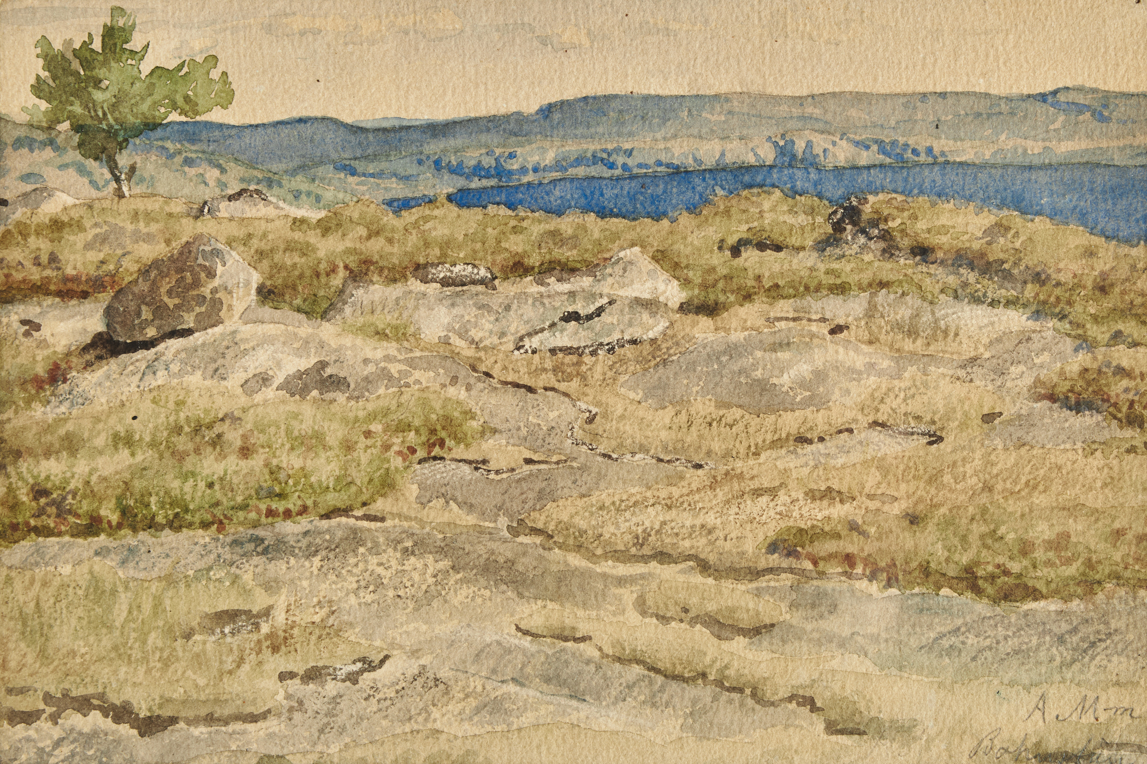 AUGUST MALMSTRÖM (Västra Ny församling, Östergötlands län 1829-1901 Stockholm): Vy från den Bohuslänska skärgården, signerad ”A M-n / Bohuslän”, akvarell på papper lagd på kartong.