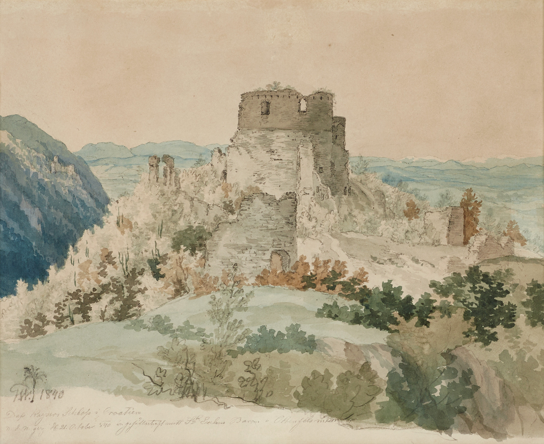 GUSTAF WILHELM PALM (1810-1890): Ruins of th Emperial Casouside Split in Croatia, signerad och daterad "G.W. [a palmtree] 1840, akvarell på papper.