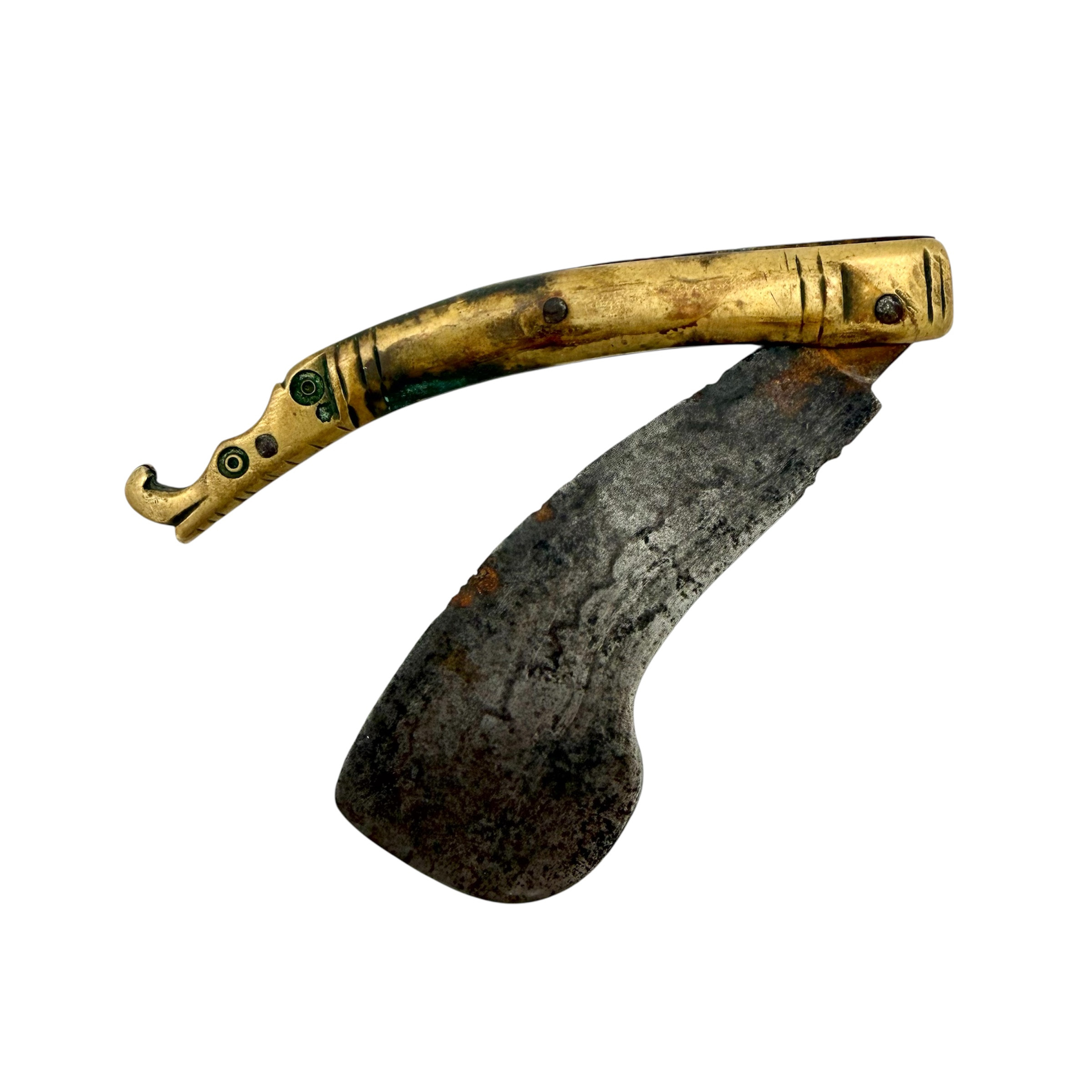 GÄSTABUDSKNIV, 1700-tal, handtag i mässing med dekor av drakhuvud, blad i järnsmide med stämpel.