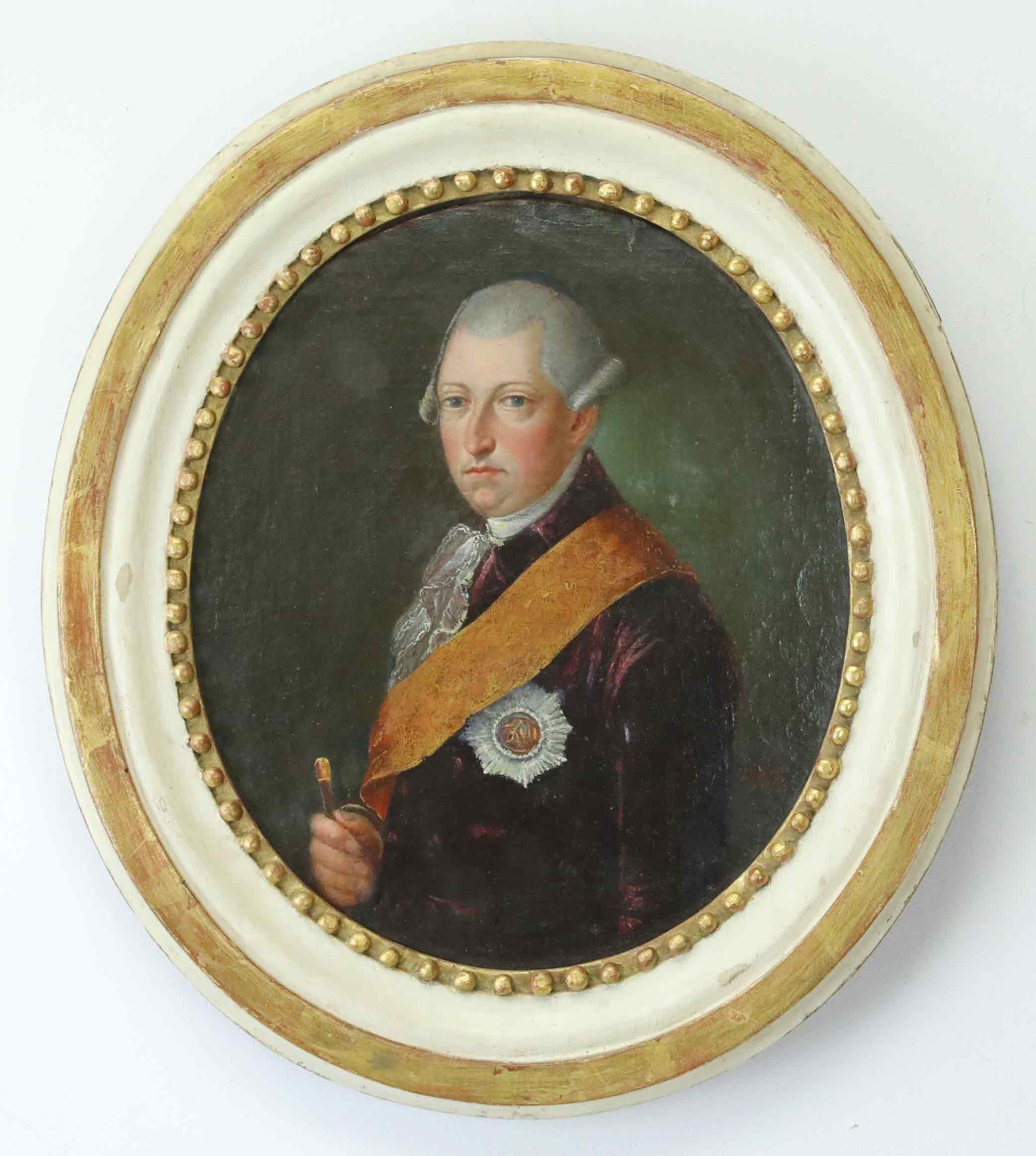 GOTTHARD WILHELM ÅKERFELT (1740–EFTER 1782). olja på pannå, porträtt av Josef II (tysk-romersk kejsare, 1741-1790), signerad GÅ, daterad 1776.
