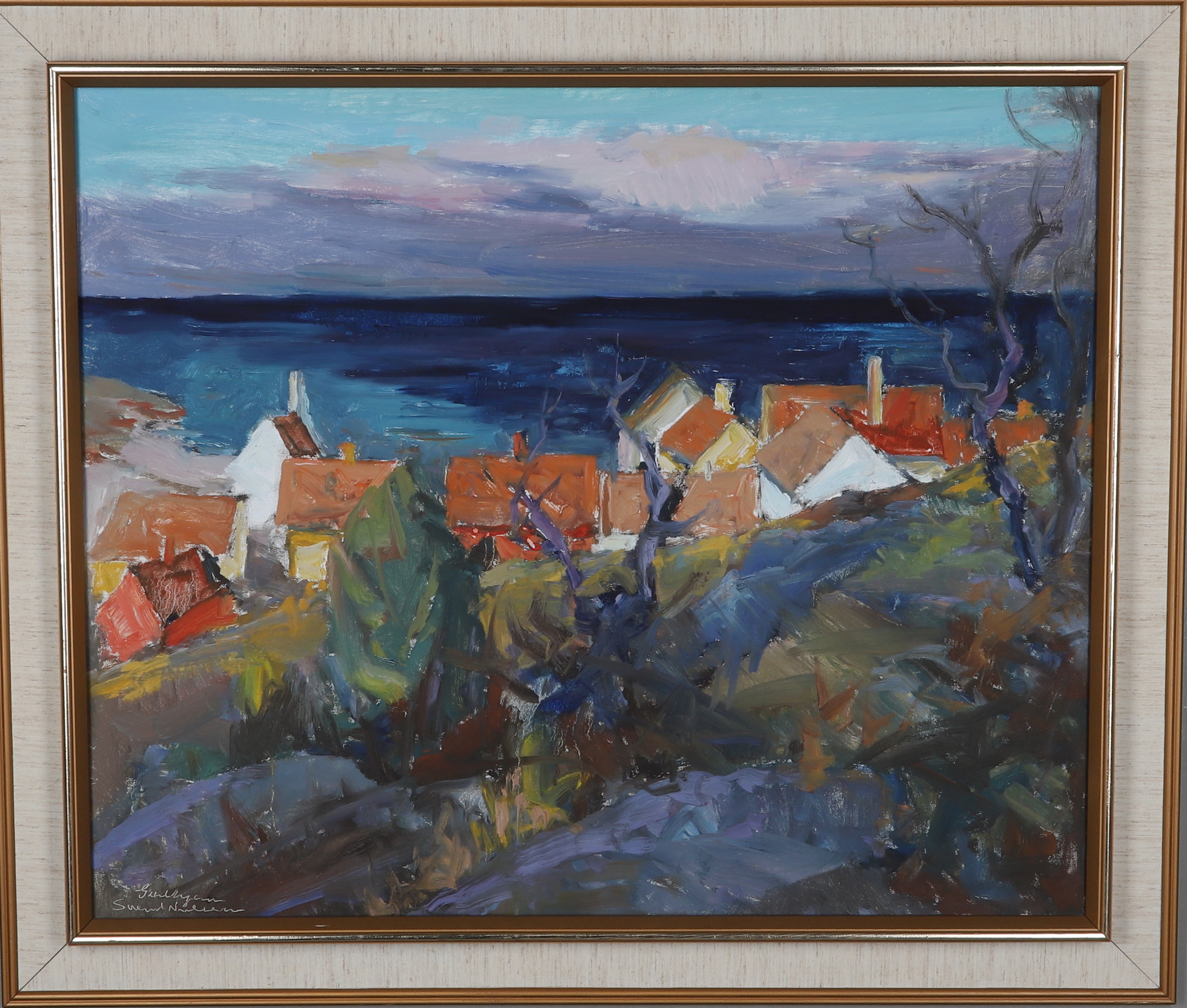SVEND NIELSEN. (DANMARK 1908-1993), Olja på duk, motiv från Gudhjem, Bornholm, Signerad.