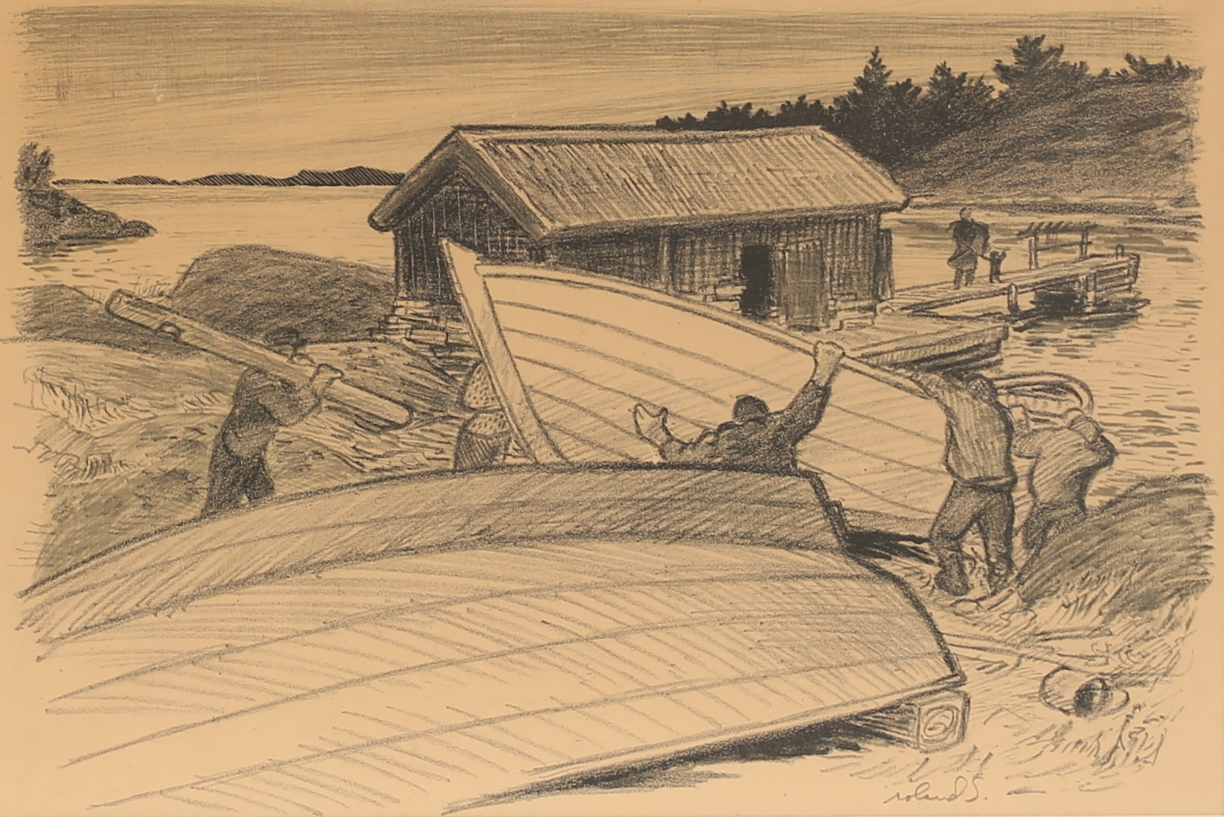 ROLAND SVENSSON. Litografi, "Sjösättning-Möja", signerad.
