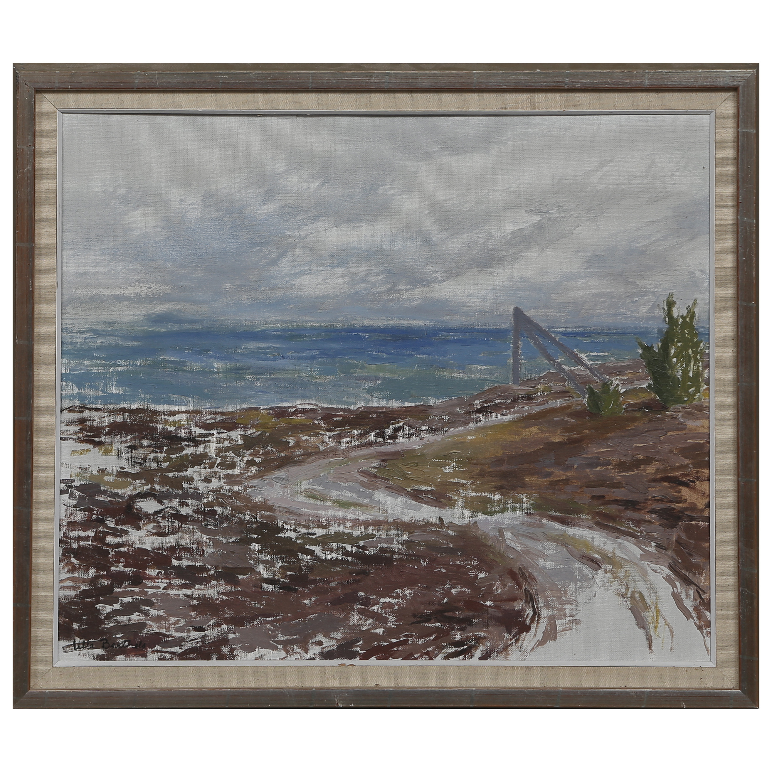 ULLA BERTHELS. (1923-1990) OLJA PÅ PANNÅ "GILLBERGA, ÖLAND, 1966" SIGNERAD, TEXT A TERGO.