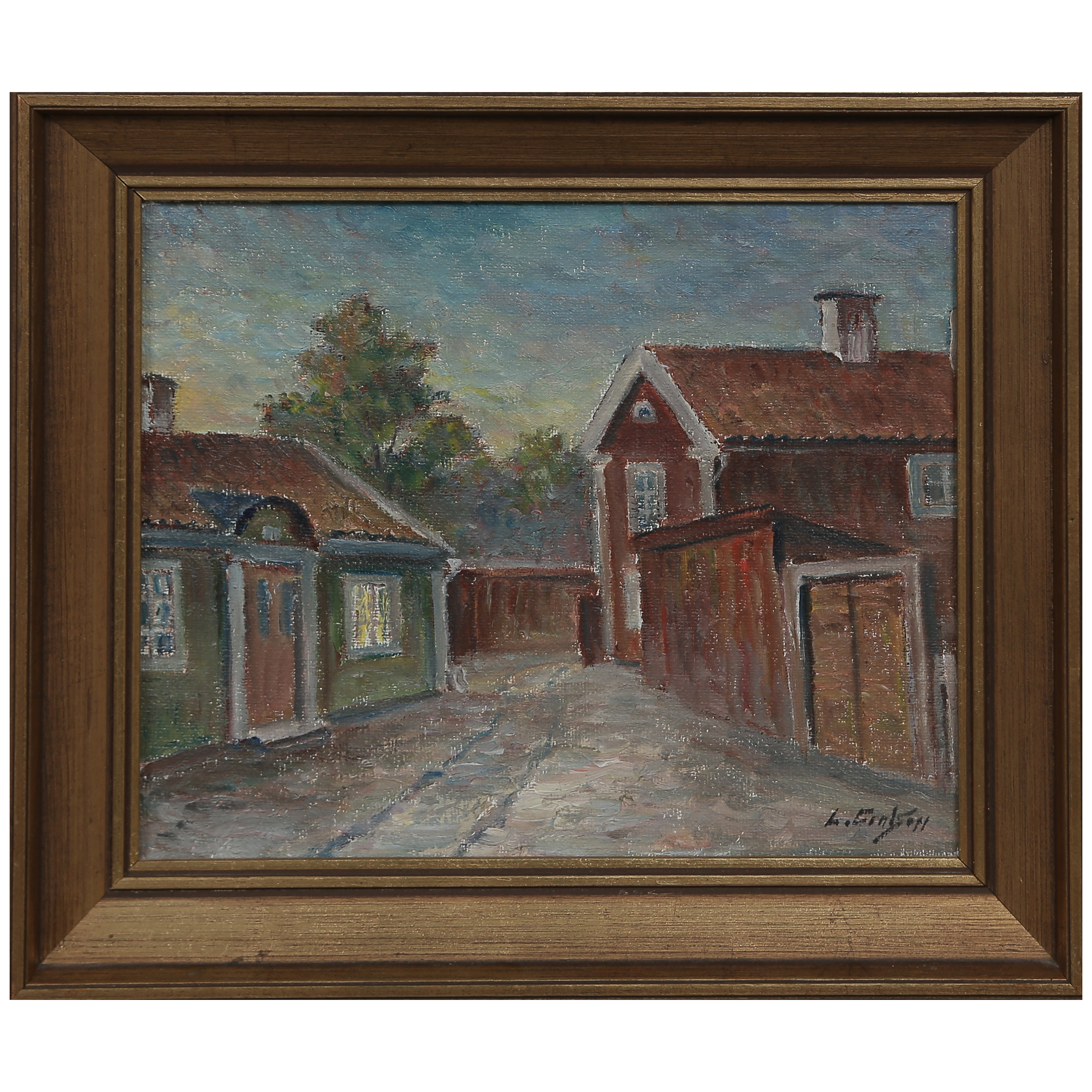 LAGE CARLSSON. (1907-1983) "LILLA DAMMGATAN KALMAR" OLJA PÅ DUK, SIGNERAD.