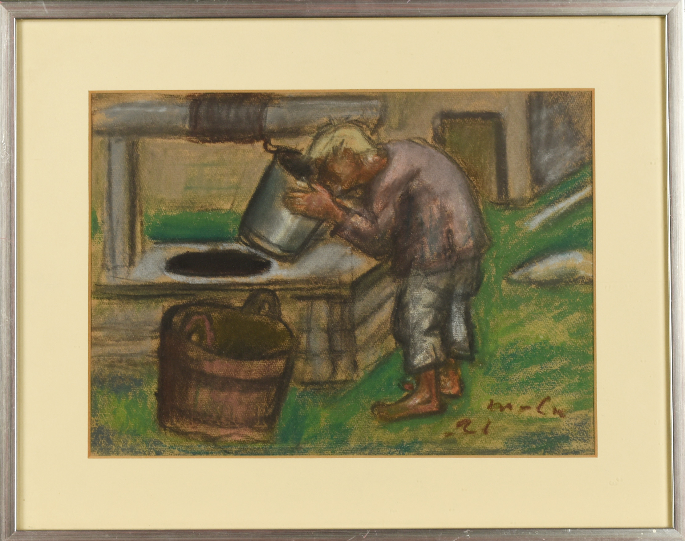 OIDENTIFIERAD KONSTNÄR. Pastell på papper, Figurmotiv, Signerad & Daterad.