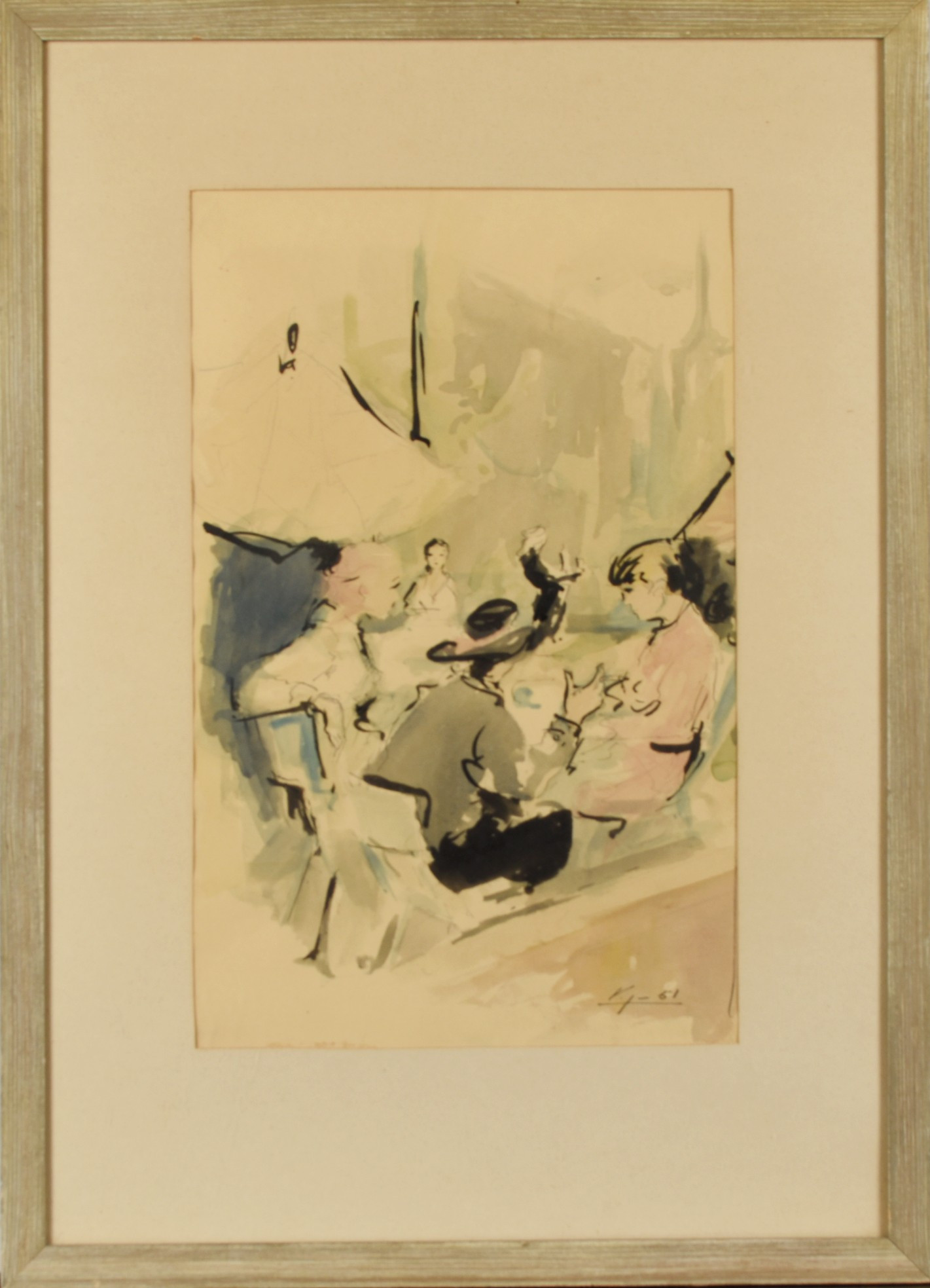 OIDENTIFIERAD KONSTNÄR. Blandteknik på papper, Figurmotiv, Signerad, 1951.