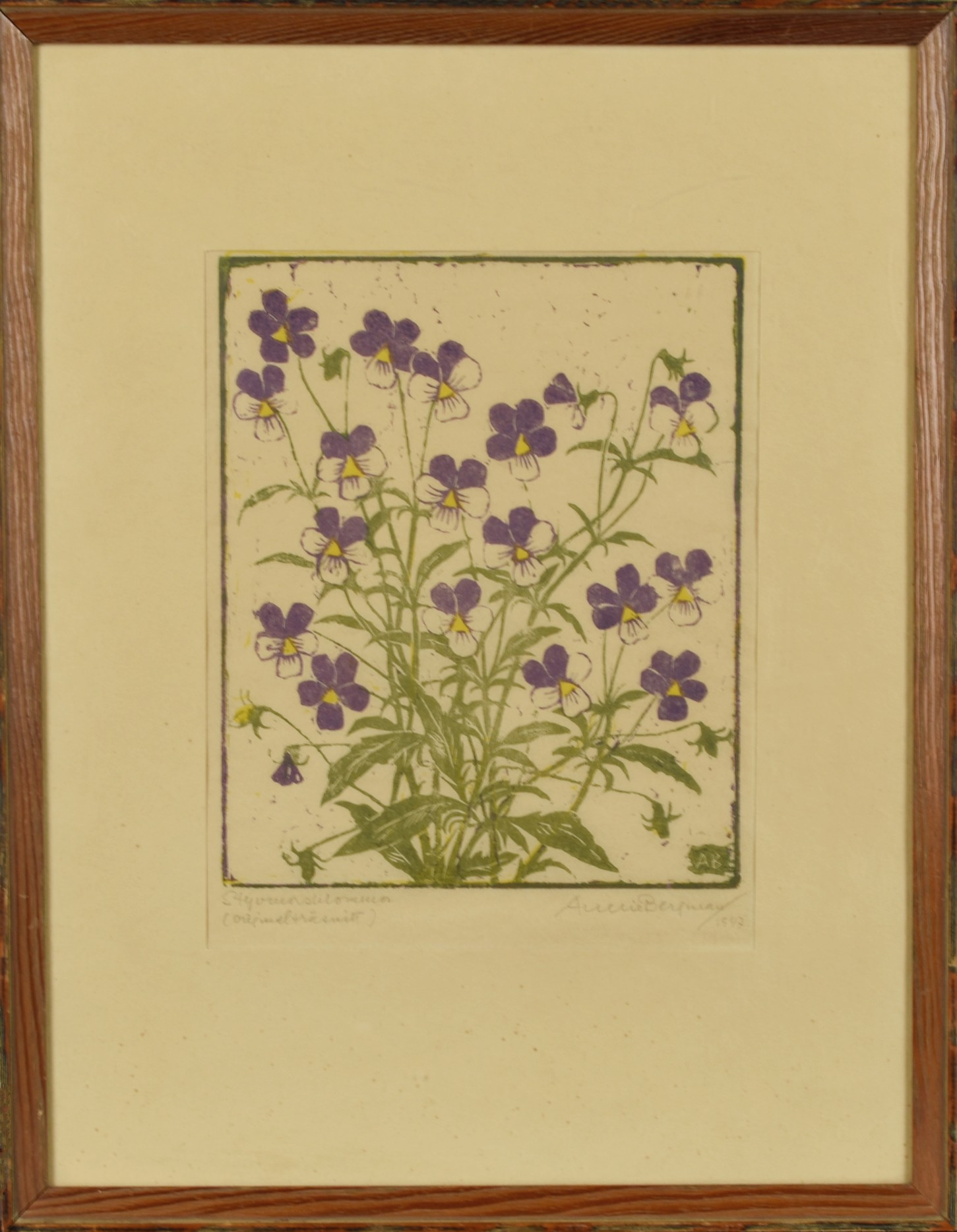 ANNIE BERGMAN. Originalträsnitt, "Styvmorsblommor", Signerad, 1947.
