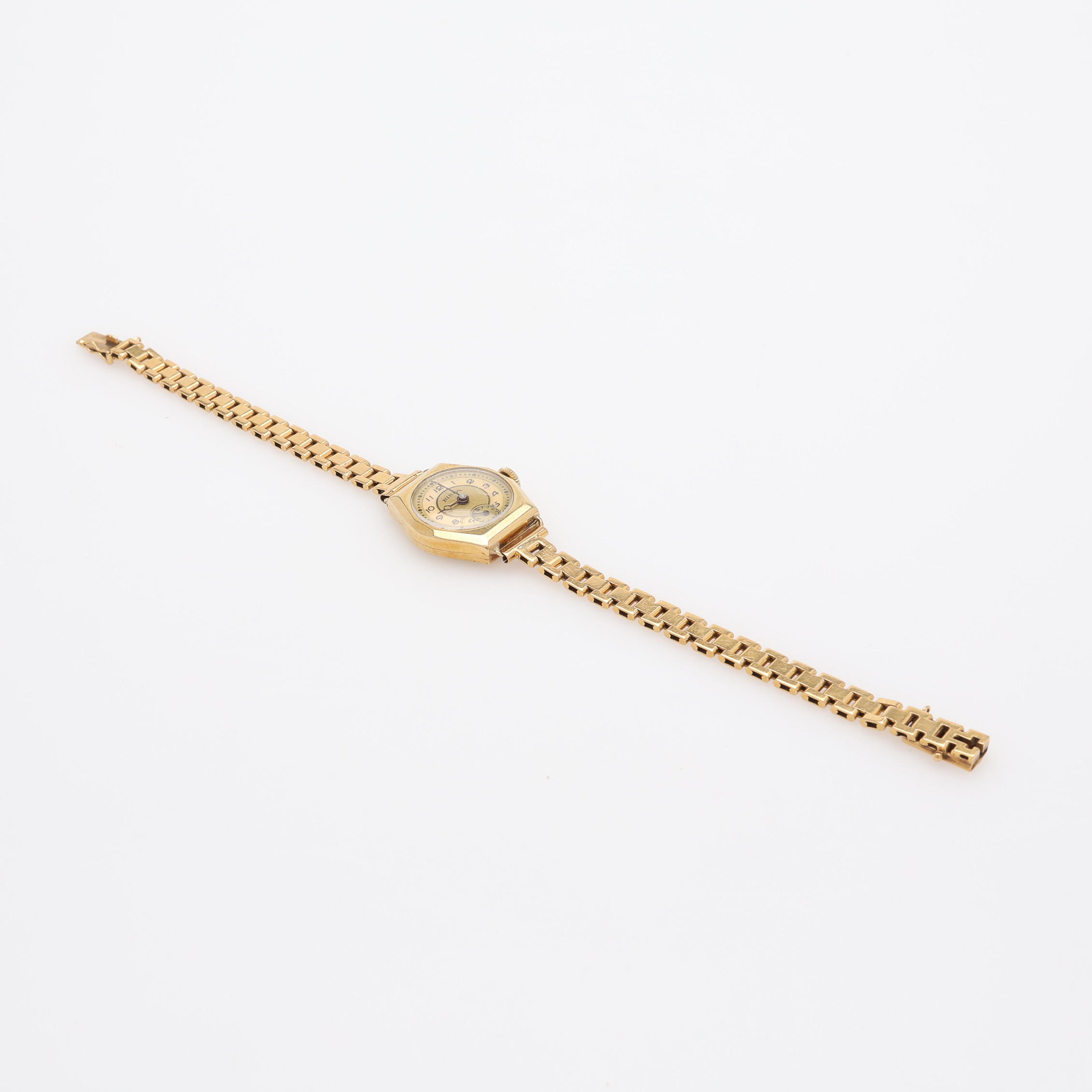 DAMARMBANDSUR, Birka, manuellt uppdrag med separat sekundvisning, 14 k guld med armband 18 k guld, 19,3 g med glas exklusive urverk.