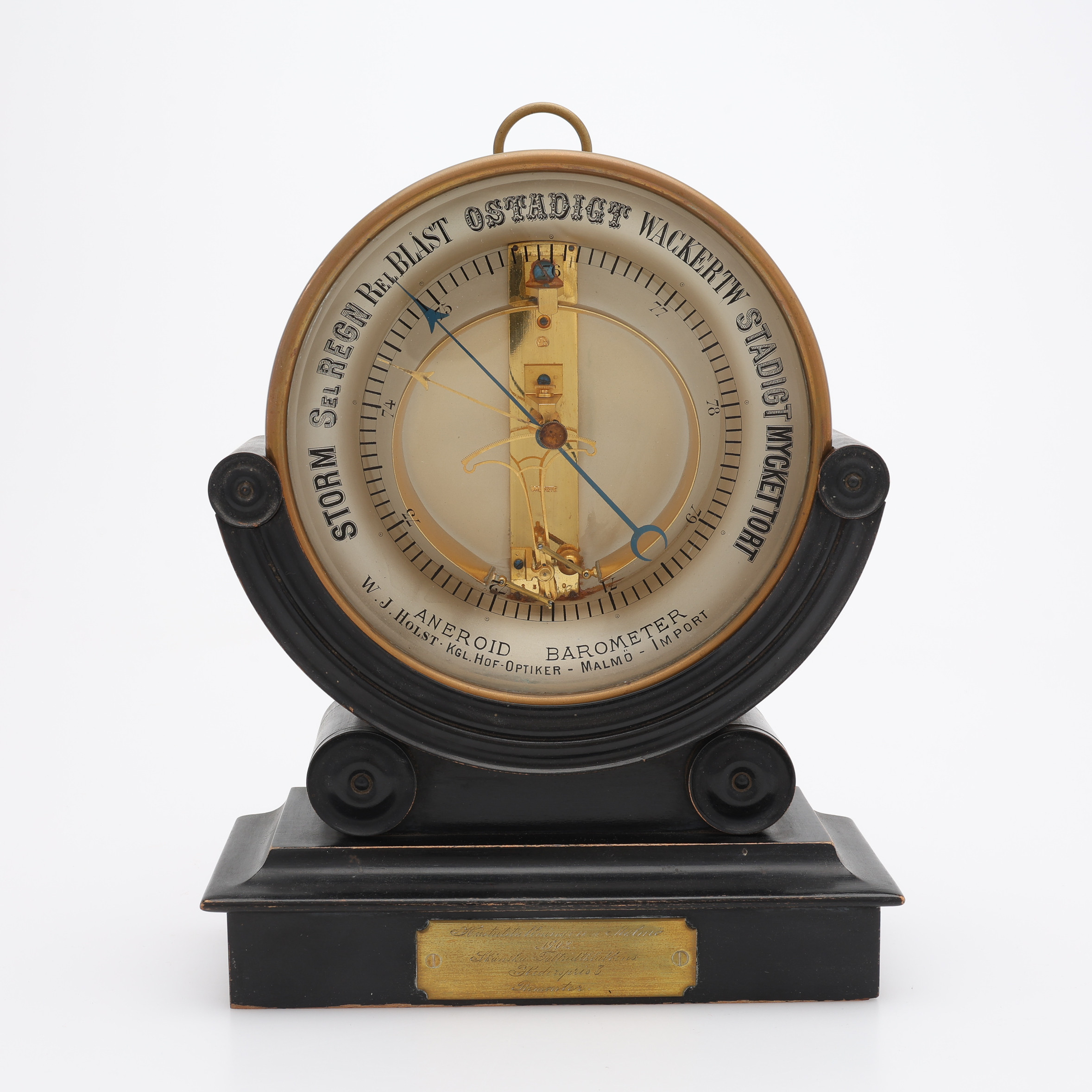 ANEROID BAROMETER, MÄSSING, W.J. HOLST, MALMÖ, OMKRING SEKELSKIFTET 1900.