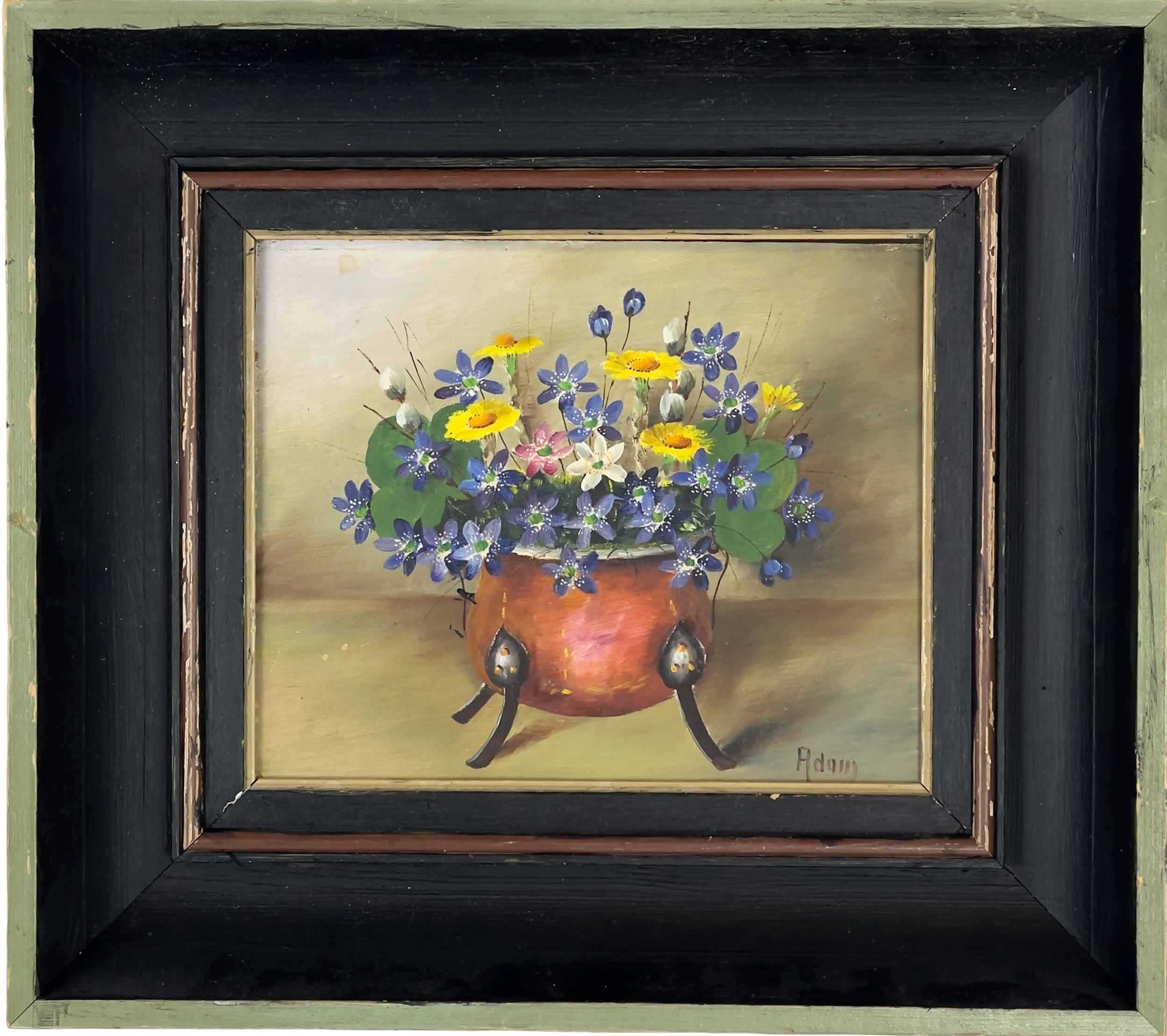 KERSTIN ADAMSSON, olja på pannå, Blomsterstilleben, signerad Adam, 1900-talets mitt.