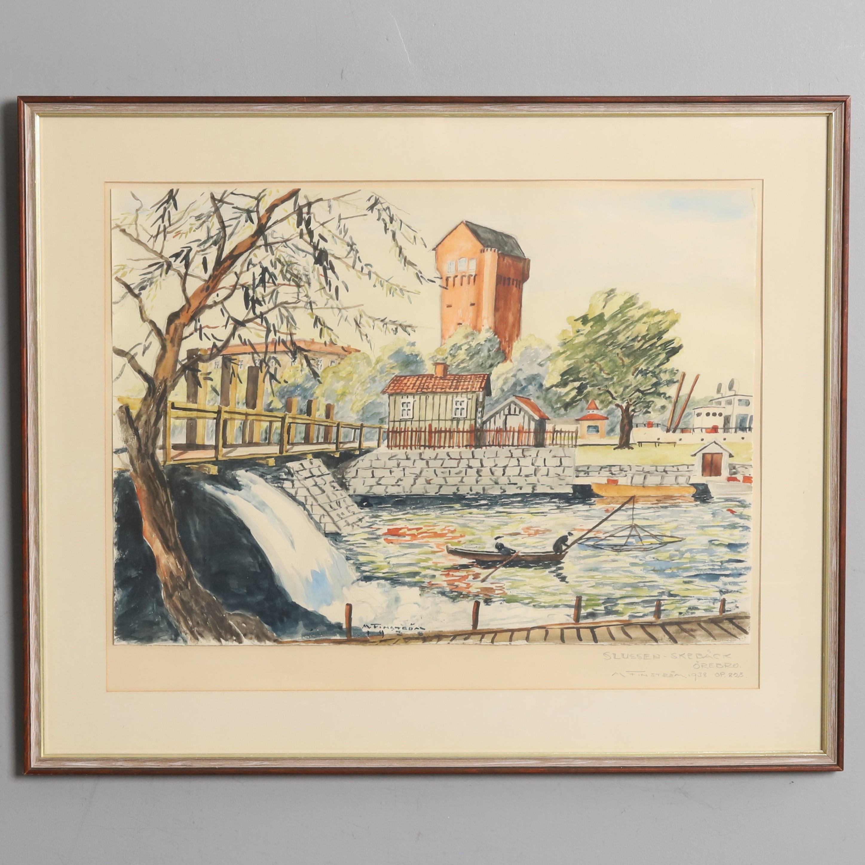 MAURITZ FINSTRÖM. Akvarell, "Slussen-Skebäck Örebro", signerad och daterad 1938.
