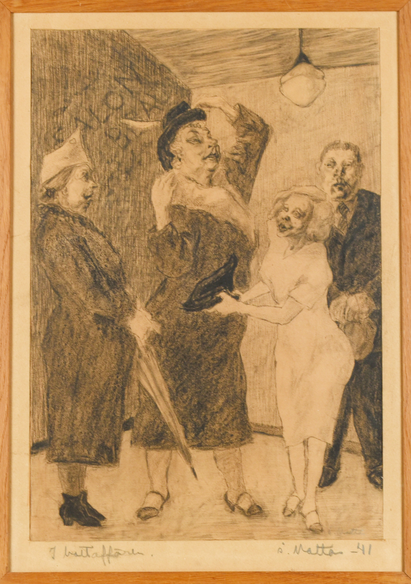 OIDENTIFIERAD KONSTNÄR. Blyertsteckning, "I hattaffären", Signerad, 1941.