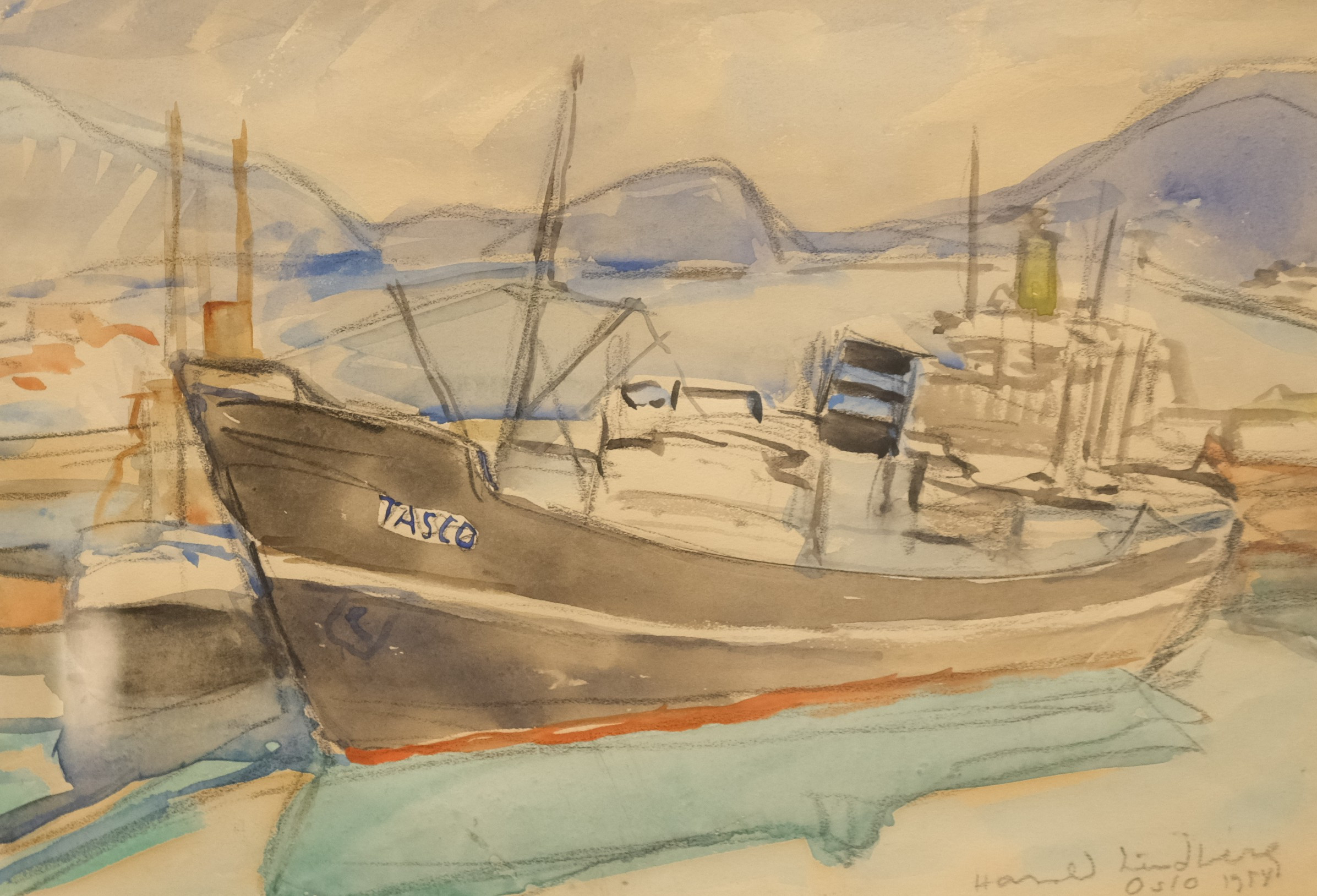 HARALD  LINDBERG. AKVARELL, HAMNMOTIV FRÅN OSLO, "TASCO".