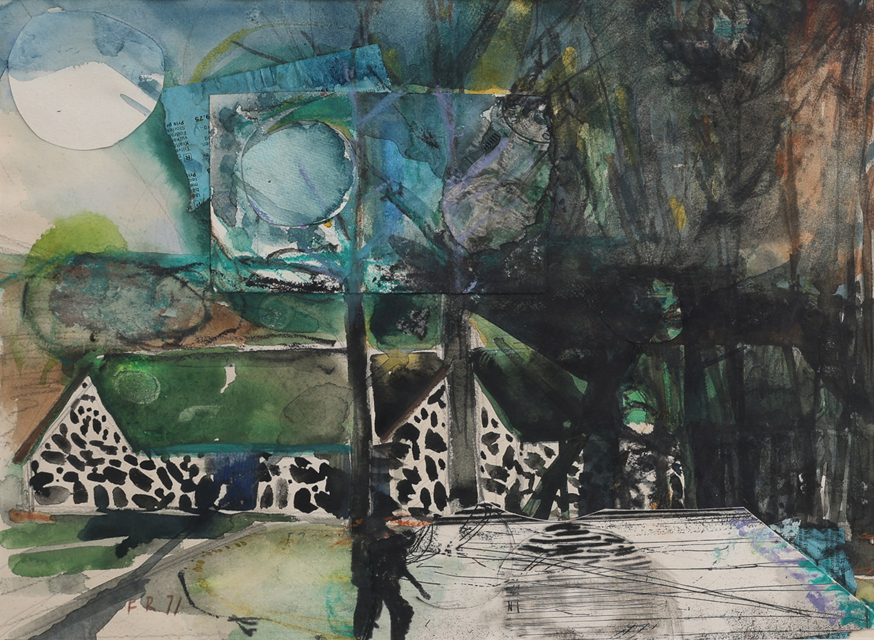 FREDRIK ROHDE. BLANDTEKNIK & COLLAGE, GÅRDSMOTIV, MONOGRAMSIGNERAD & DATERAD -71.