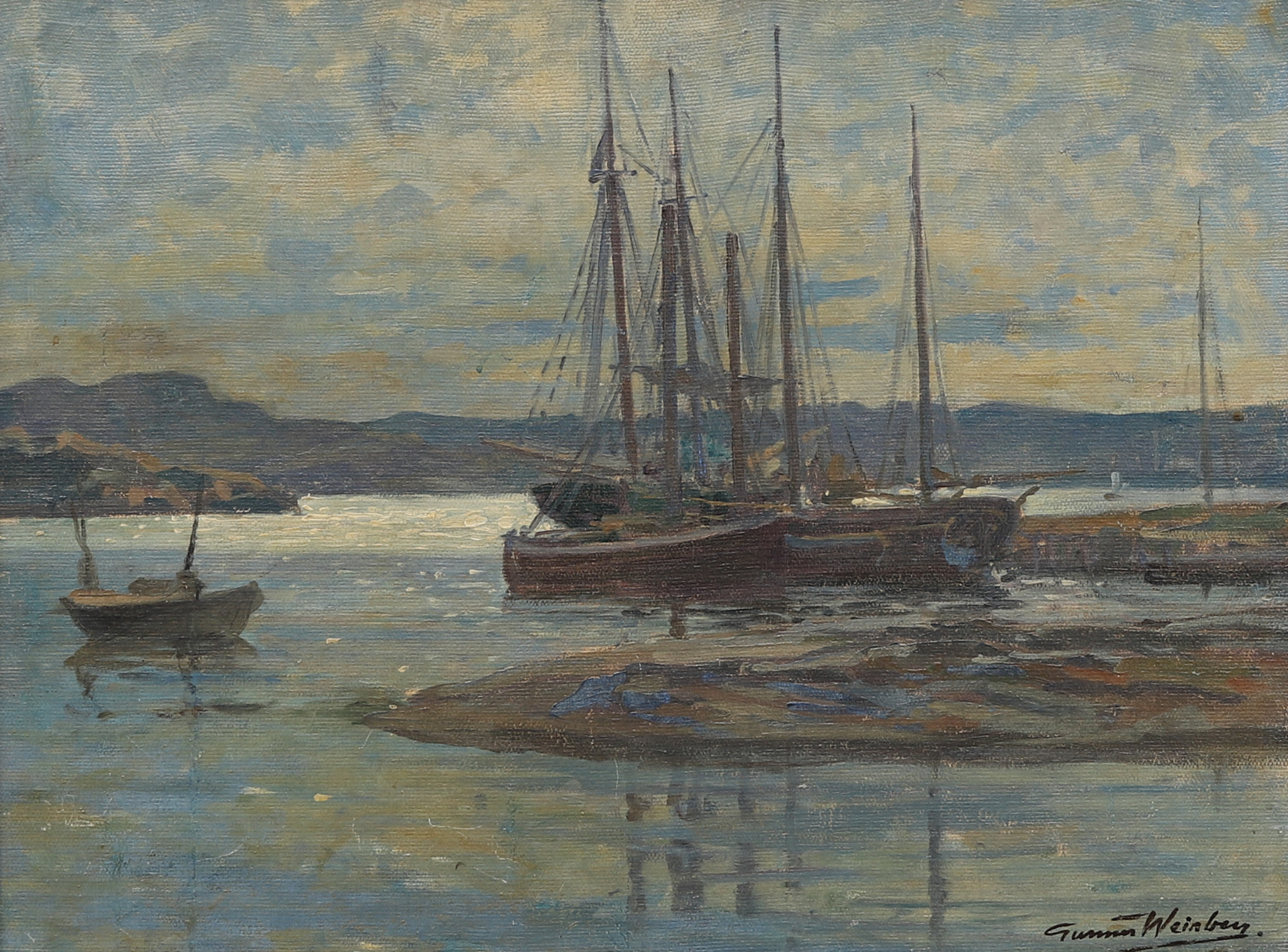 GUNNAR WEINBERG (1876-1959). Skärgårdslandskap med segelfartyg vid kaj, olja på duk, signerad.