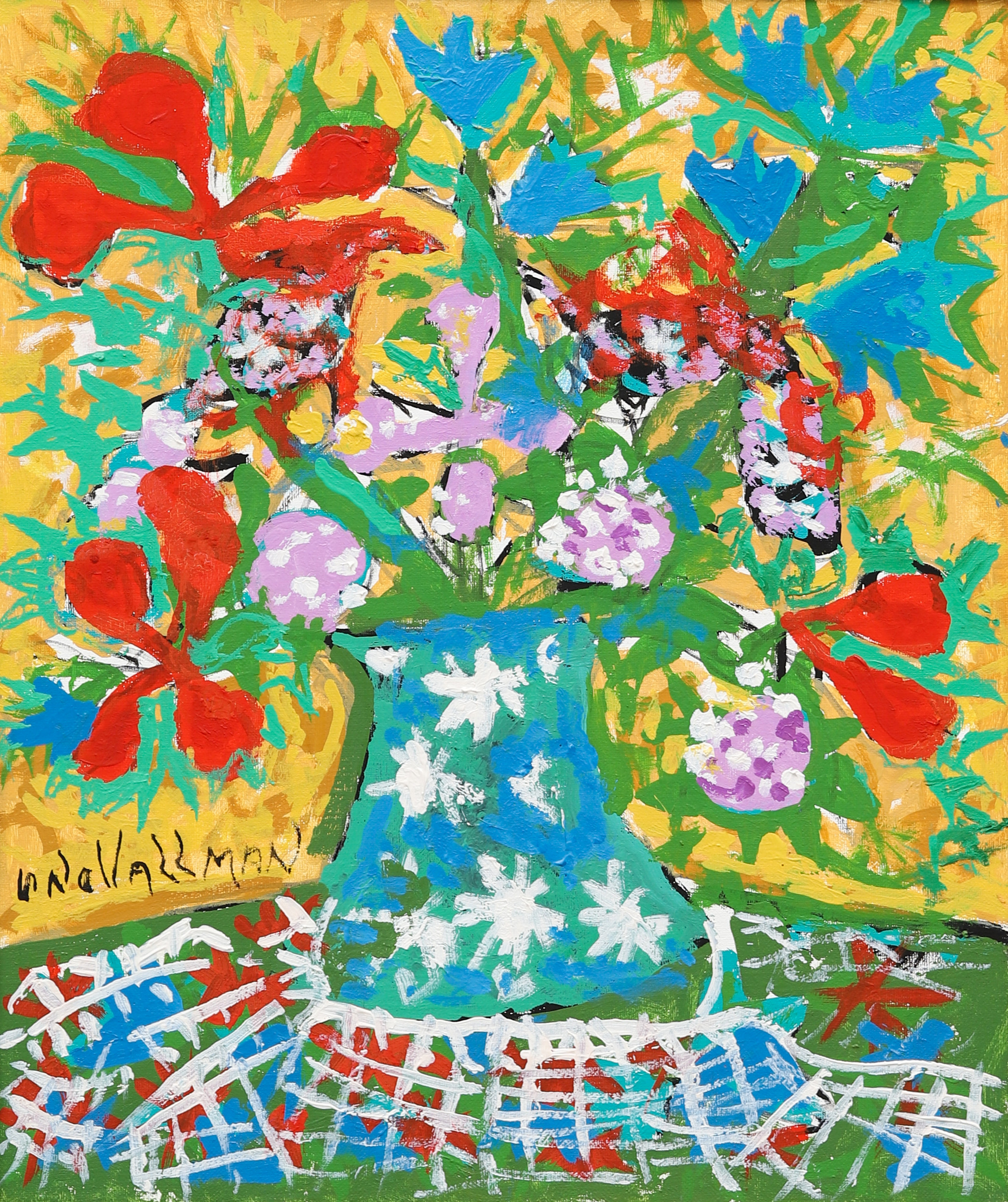 UNO VALLMAN. Blommor i vas, olja på duk, signerad.