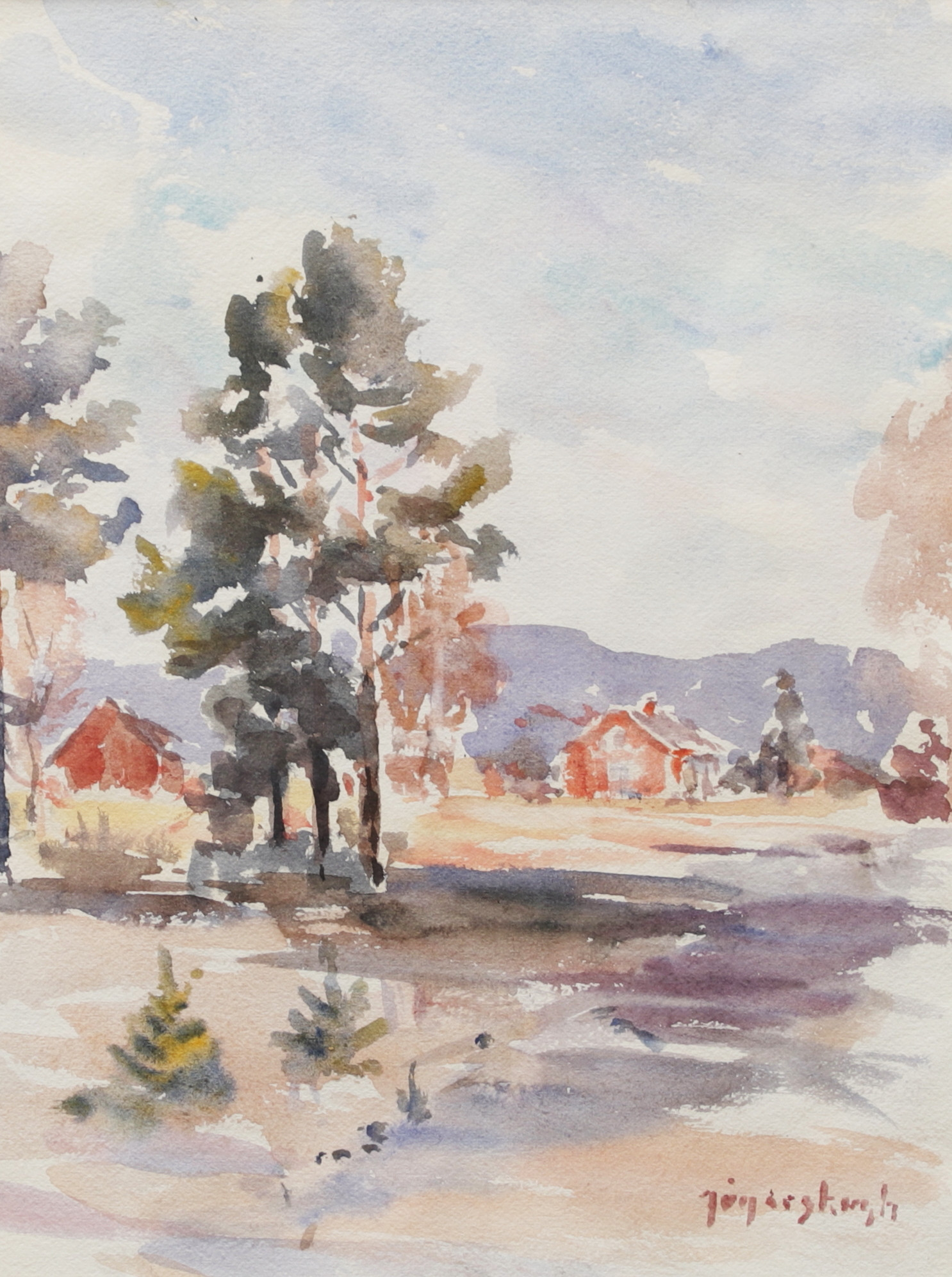 DAVID JÄGERSKOGH. Gårdsmotiv, akvarell, signerad.